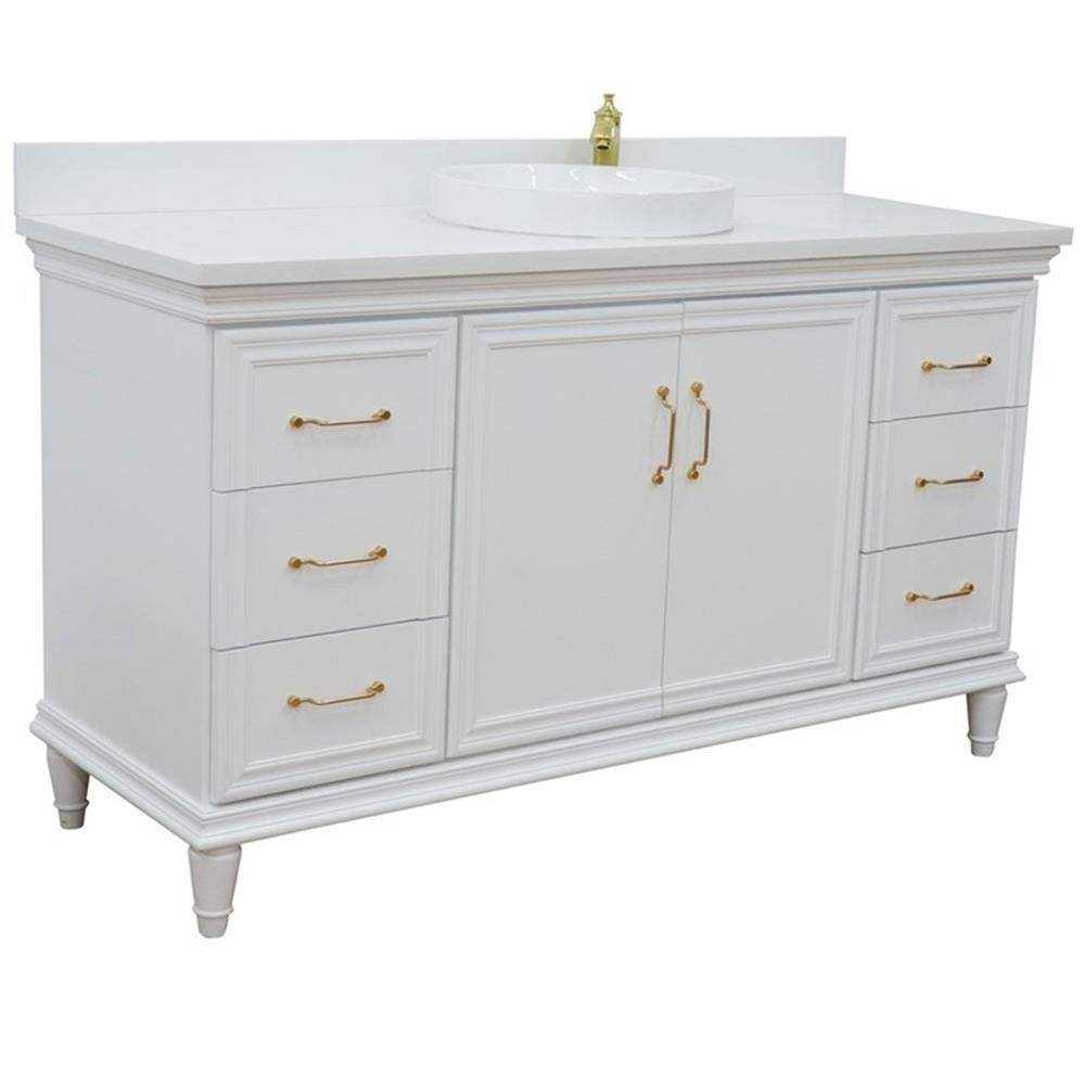 61 in. Single Wooden Vanity White with White Quartz Round Sink