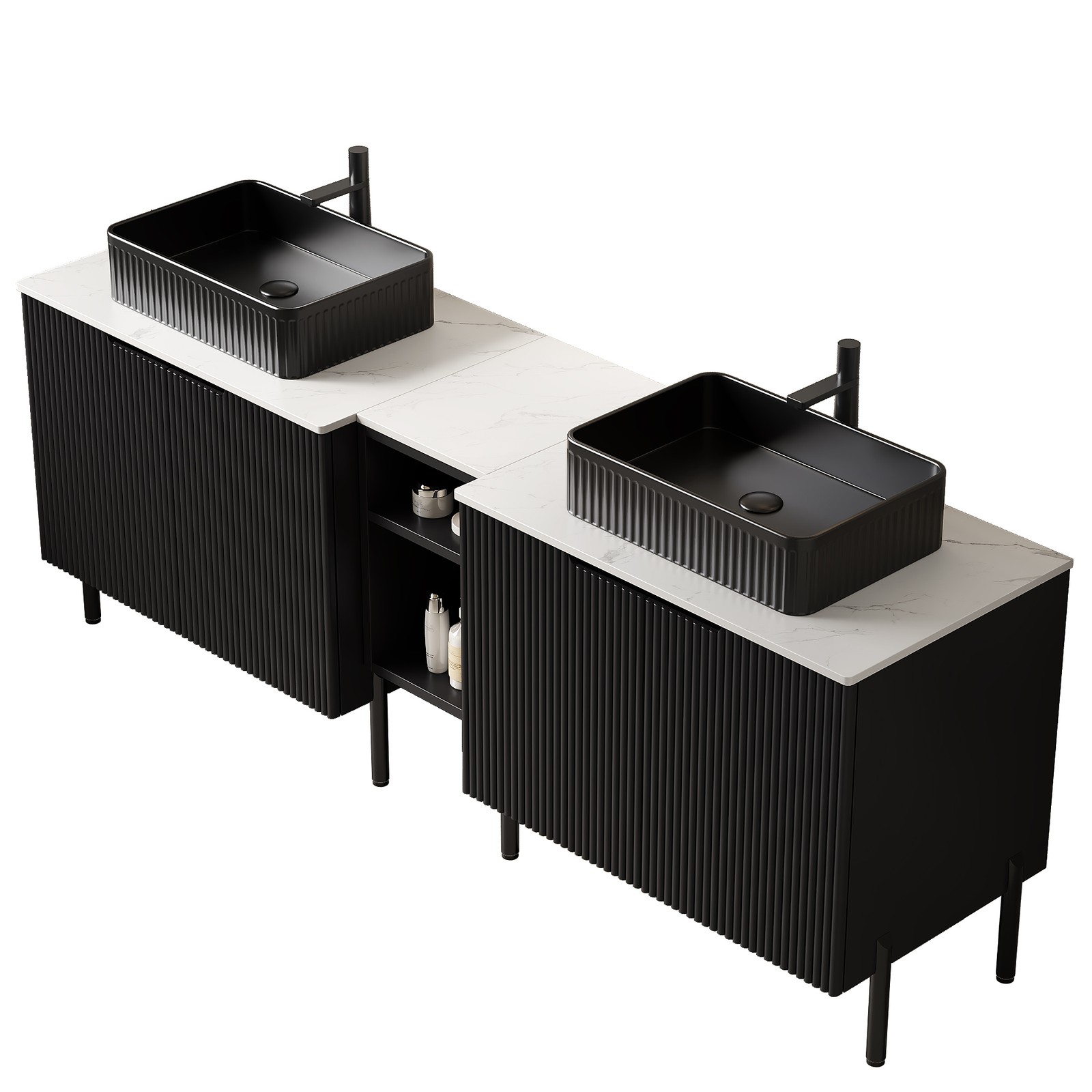 72″ Freestanding Double Bathroom Vanity with 2 Sinks Black Carrara White