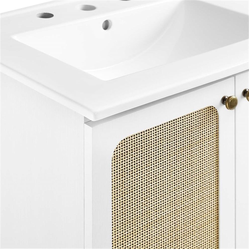Pemberly Row 24″ Wood & Rattan Bathroom Vanity with Adjustable Shelf in White