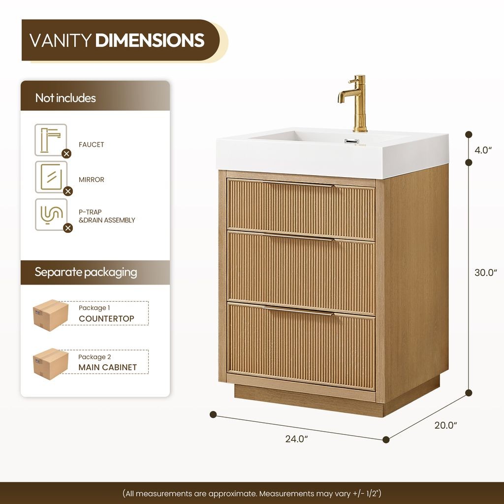 Hohhot 24″ Single Bath Vanity in Washed Ash Grey with White Stone Top