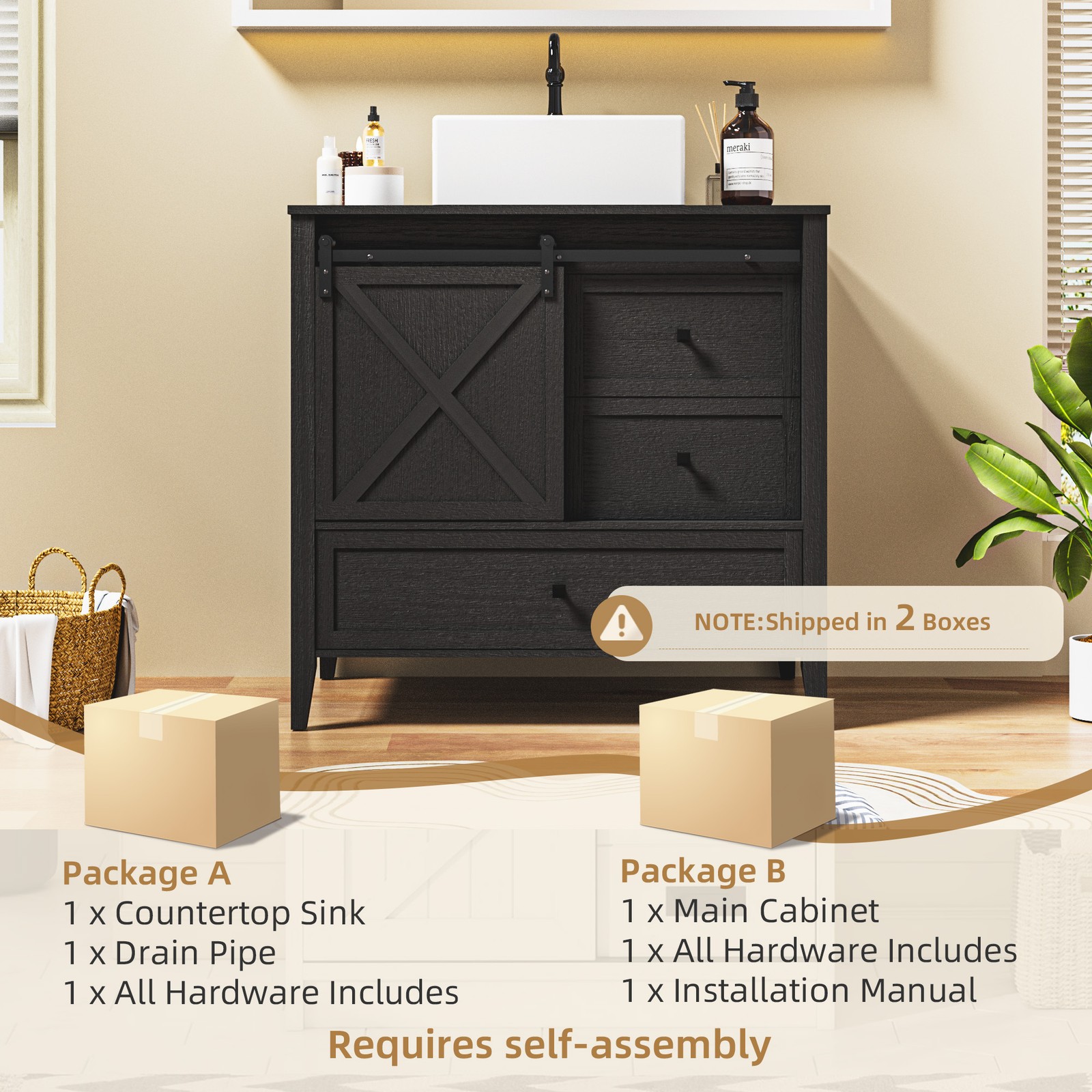 36″ Bathroom Vanity w/Sink Ceramic Freestanding Cabinet Wood Grain Texture Black