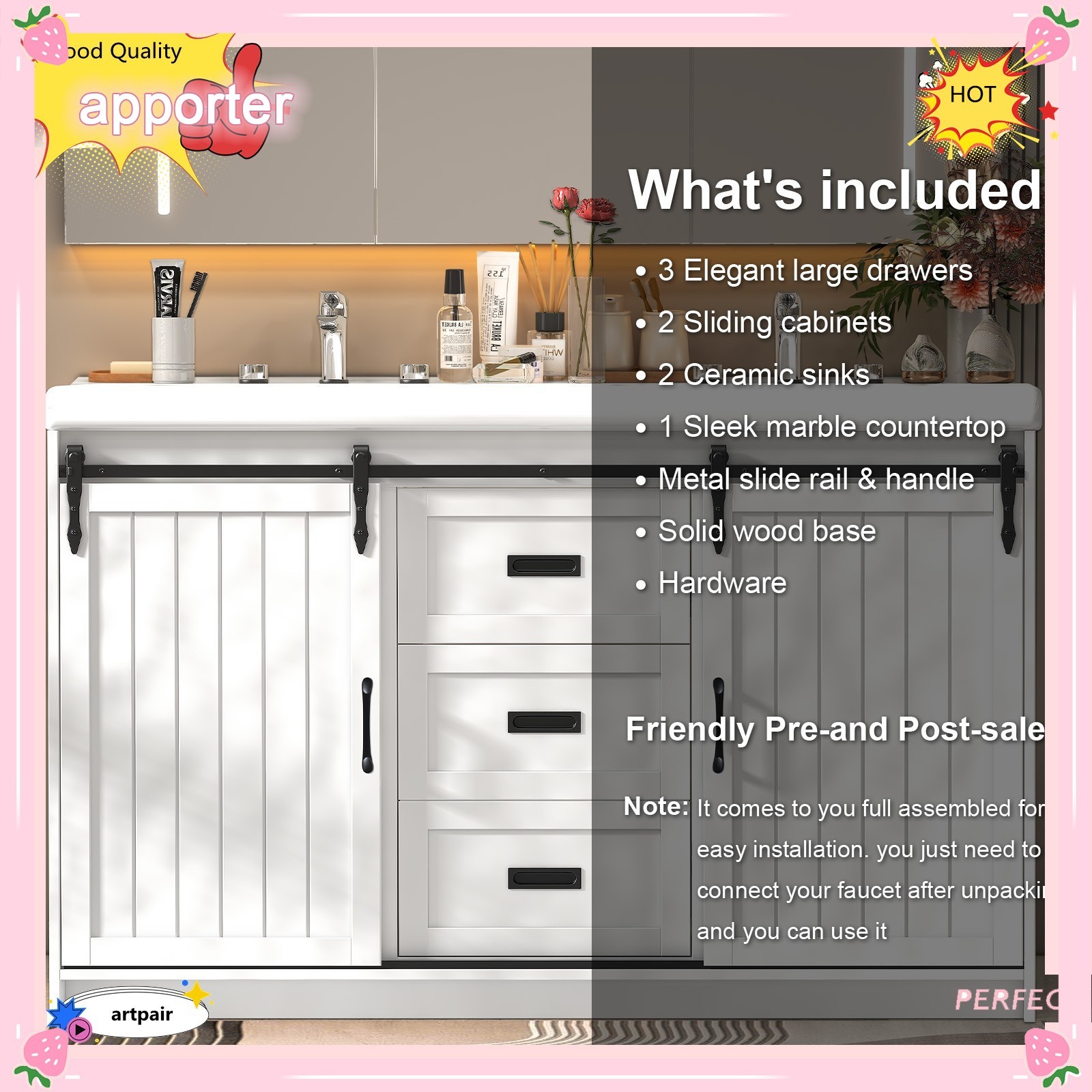 47″ Bathroom Vanity Cabinet Freestanding Storage Compartment + 2 Ceramic Sink
