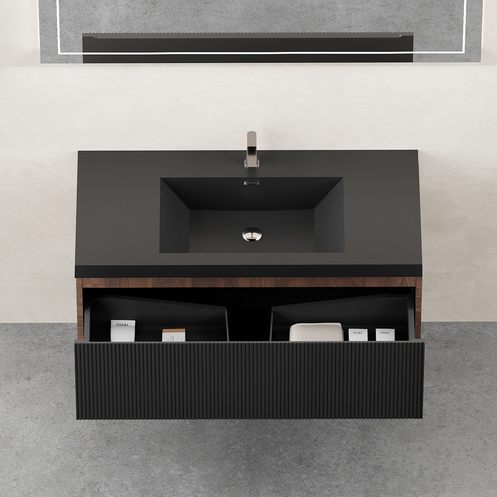 42″ Wall Mounted Bathroom Vanity w/Black Sink, Floating Vanity Cabinet, Drawer