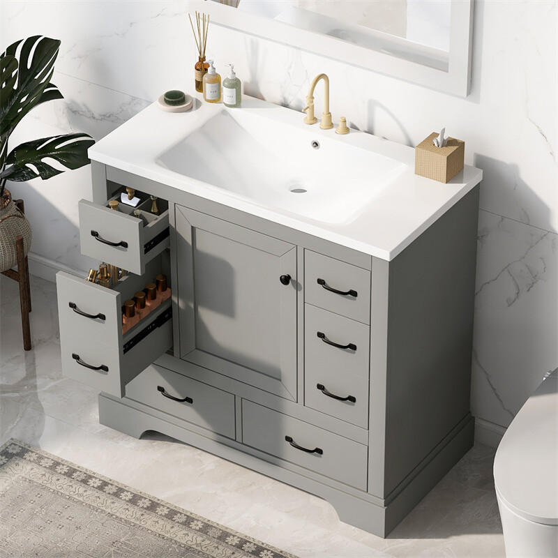 36 Inch Modern Bathroom Vanity with Sink Combo,Six Drawers,Adjustable Shelf,Grey