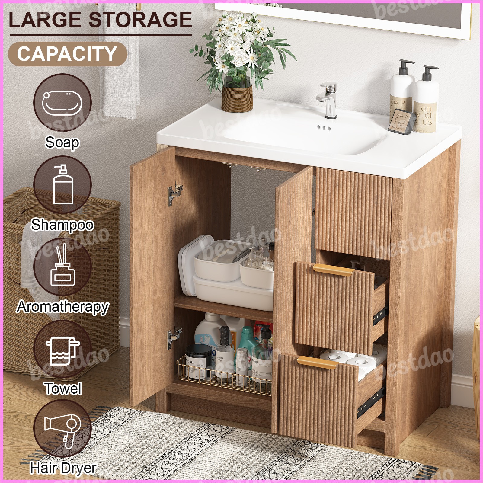 31″ Wooden Bathroom Vanity with Ceramic Sink Modern Bath Storage Cabinet