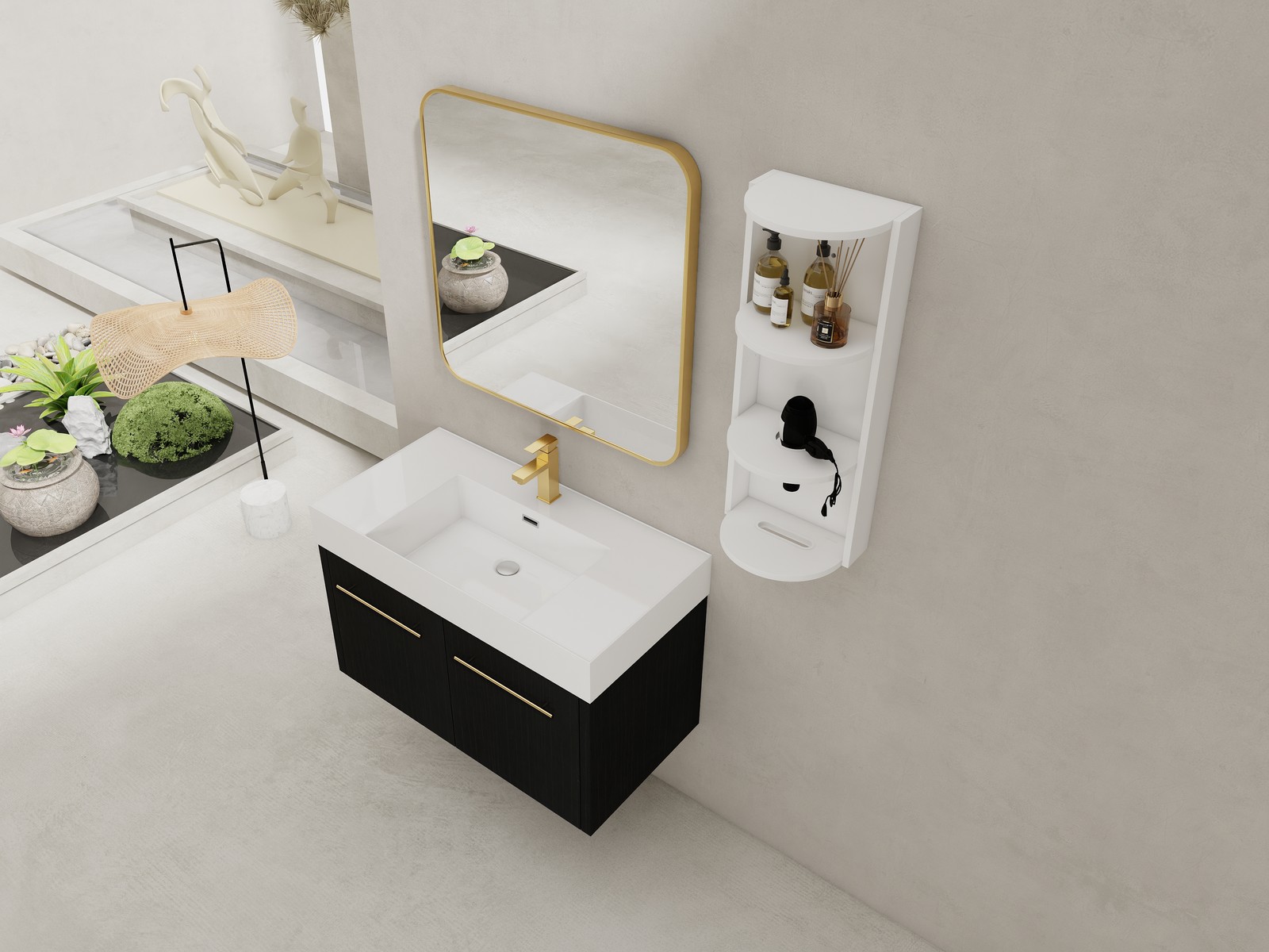 36 Inch Plywood Wall-Mounted Bathroom Vanity with Resin Sink + Side Storage Rack