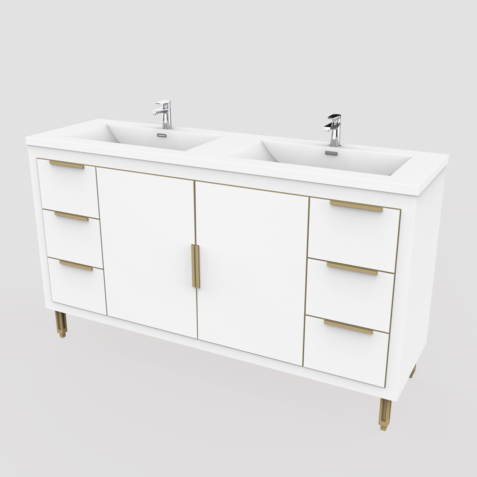 60″ Freestanding Bathroom Vanity Double Sink Storage Cabinet Soft Doors, Drawers