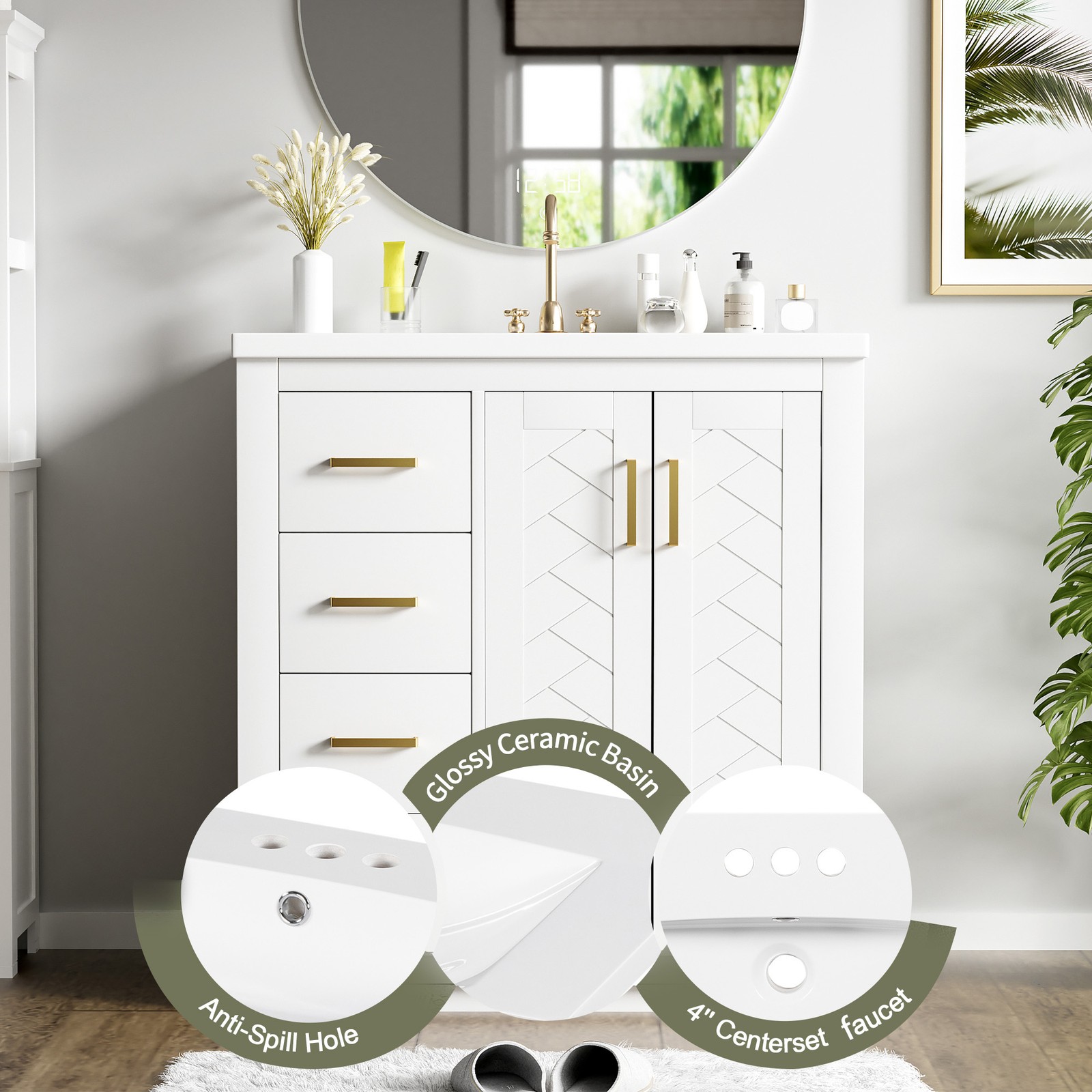 30” Bathroom Vanity with Ceramic Sink Combo,Solid Wood Frame Bathroom Cabinet