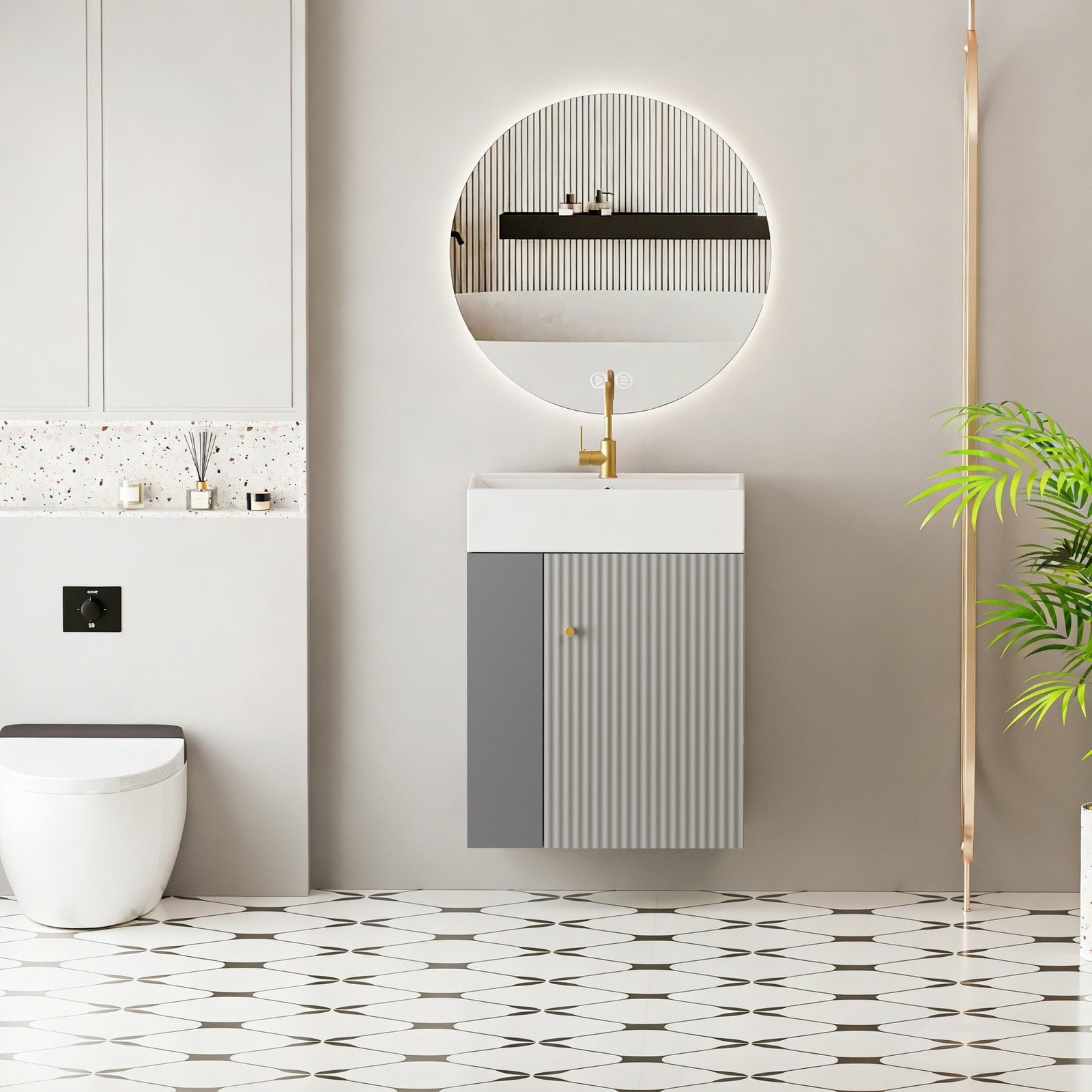 Wall-mounted Open-shelving Vanity with Ceramic Sink Grey