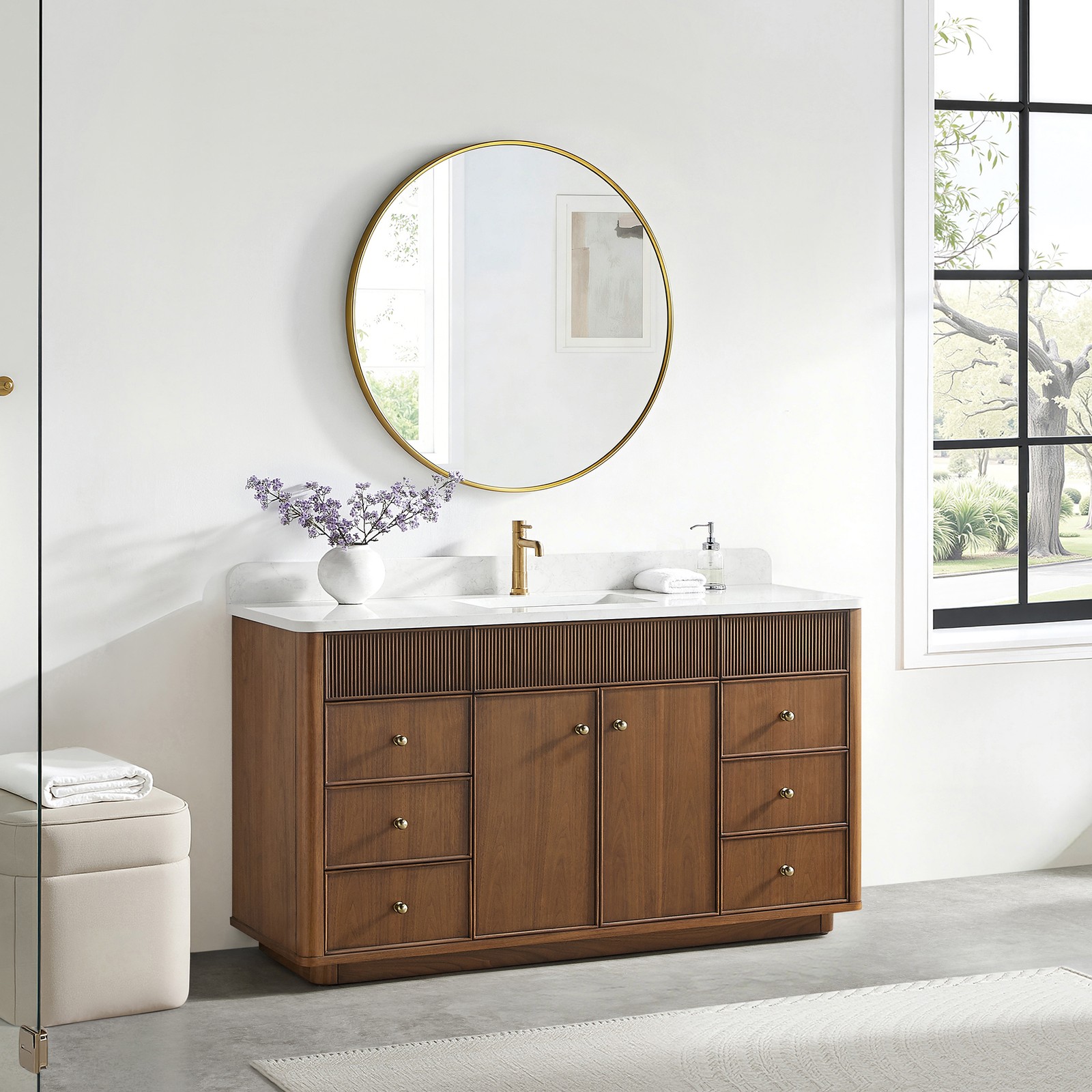 Zogno 60″ Single Sink Bath Vanity in Natural Walnut with White Grain Stone Top
