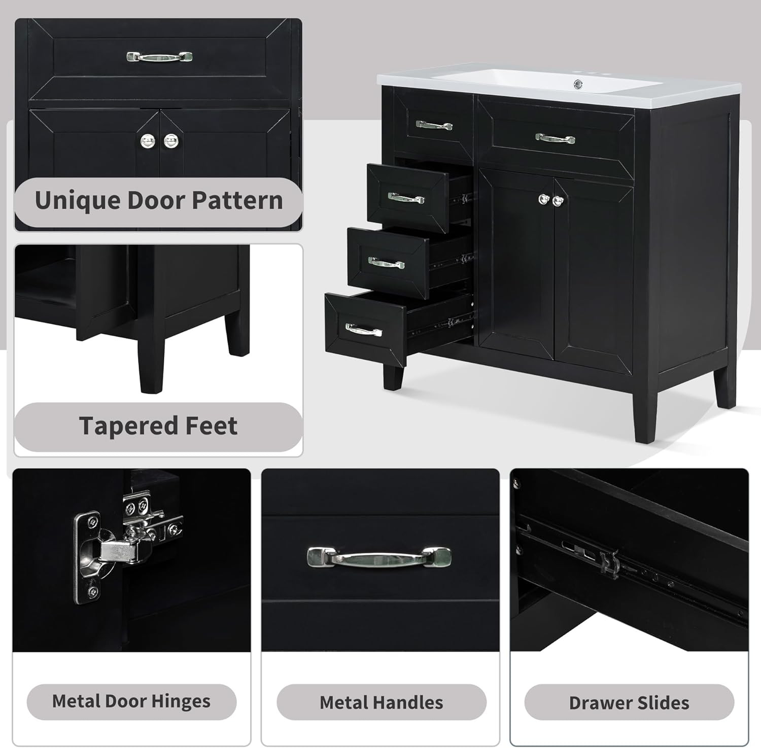 36″ Black Solid Wood Bathroom Vanity Base with 3 Drawers, Stain Proof Storage