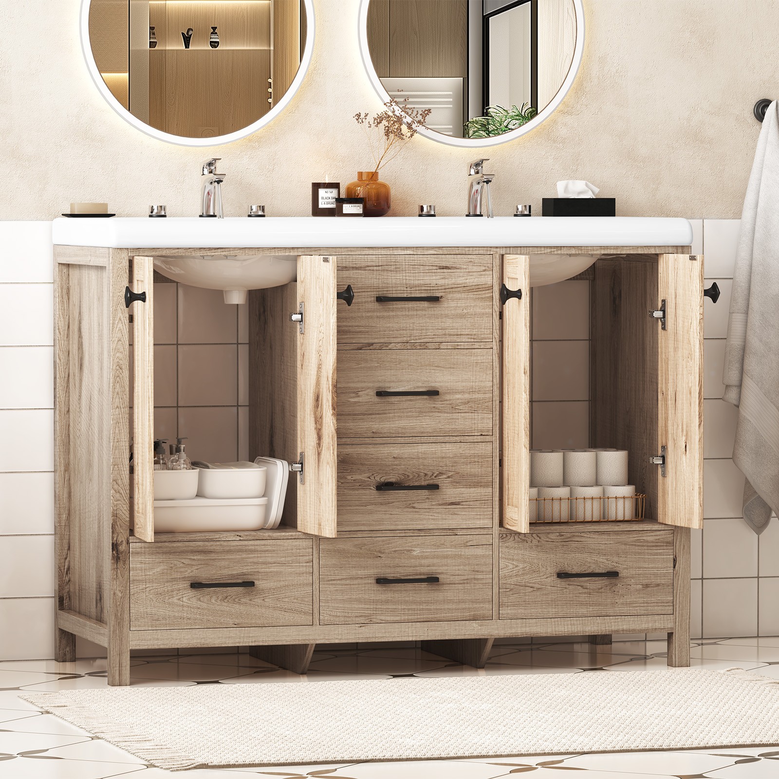 47” Bathroom Vanity w/Ceramic Sink Combo Freestanding Vanity Set with 6 Drawers