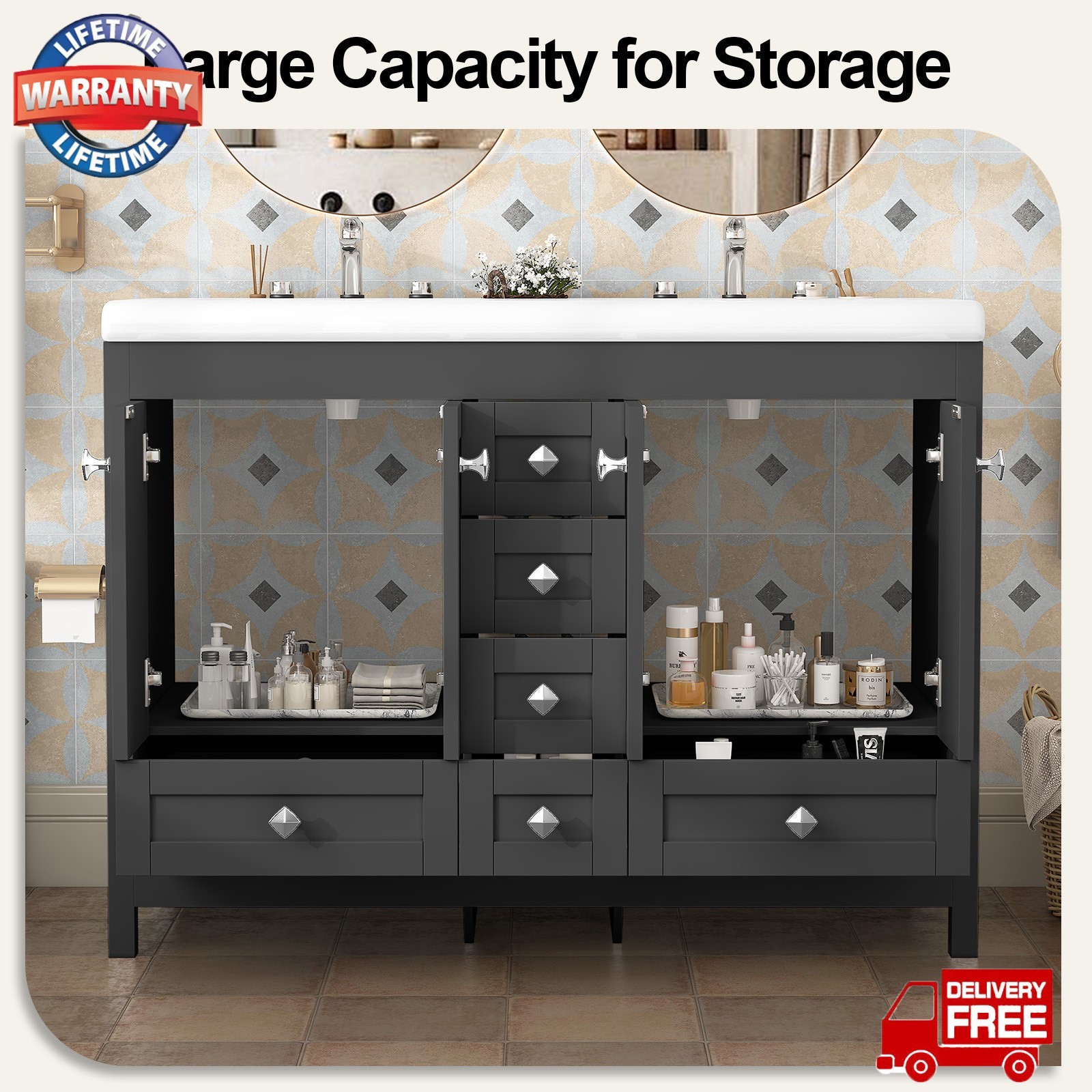 47″ Bathroom Vanity Cabinet with Double Sink Ceramic and 5 Drawers Freestanding