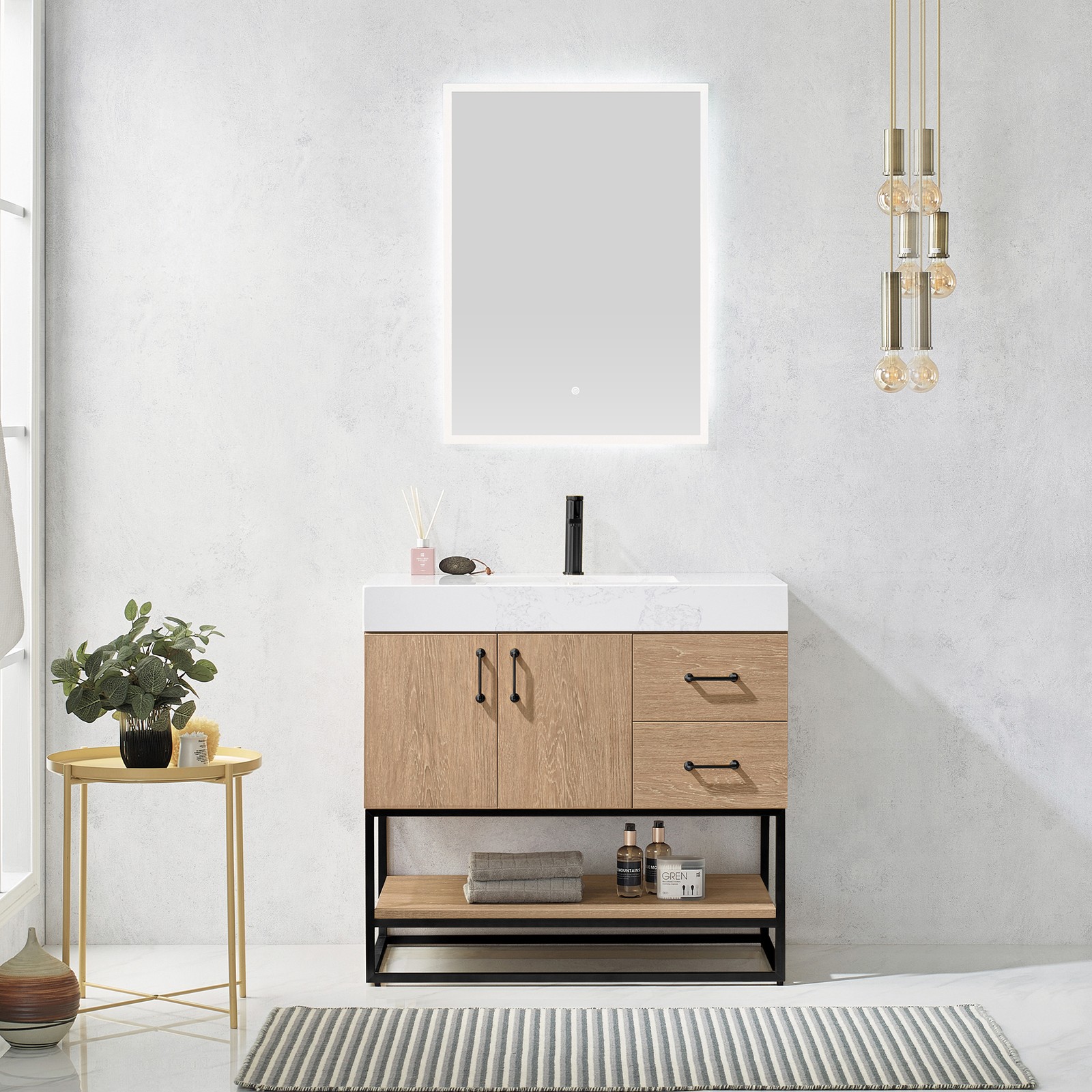 Vinnova Alistair 36″ White Stone Top Oak Single Vanity Black Frame w/o Mirror