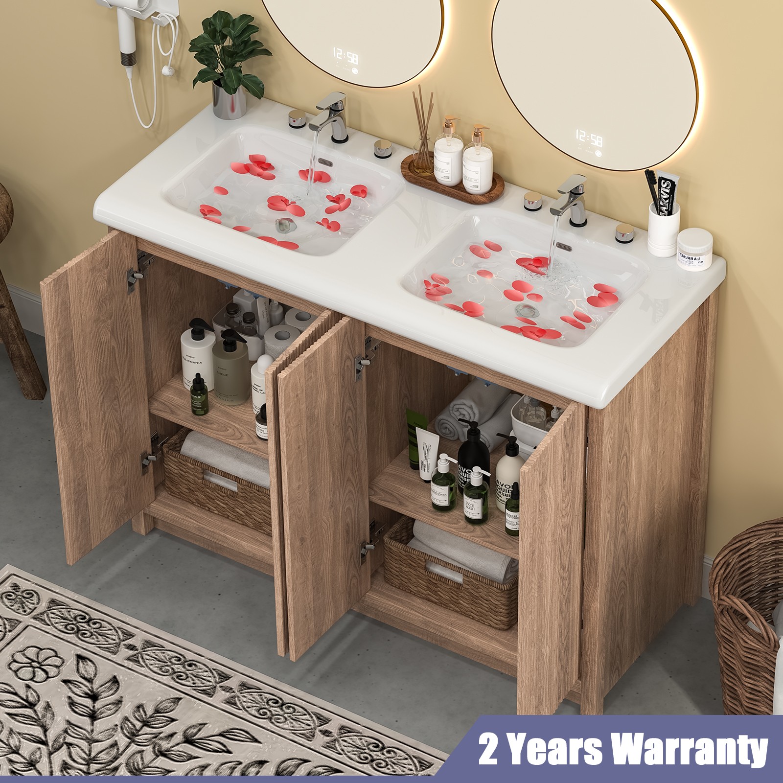 47″ Large Bathroom Vanity Set Double Sink Ceramic Freestanding Cabinet Storage