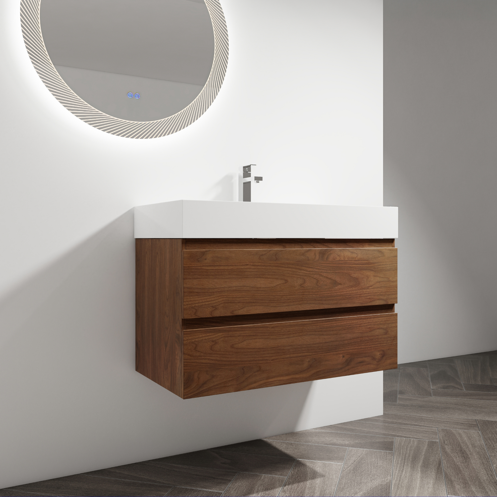 36 inch Bathroom Vanity Wall Mounted W/ Undermount Resin Sink + 2 Drawers Brown