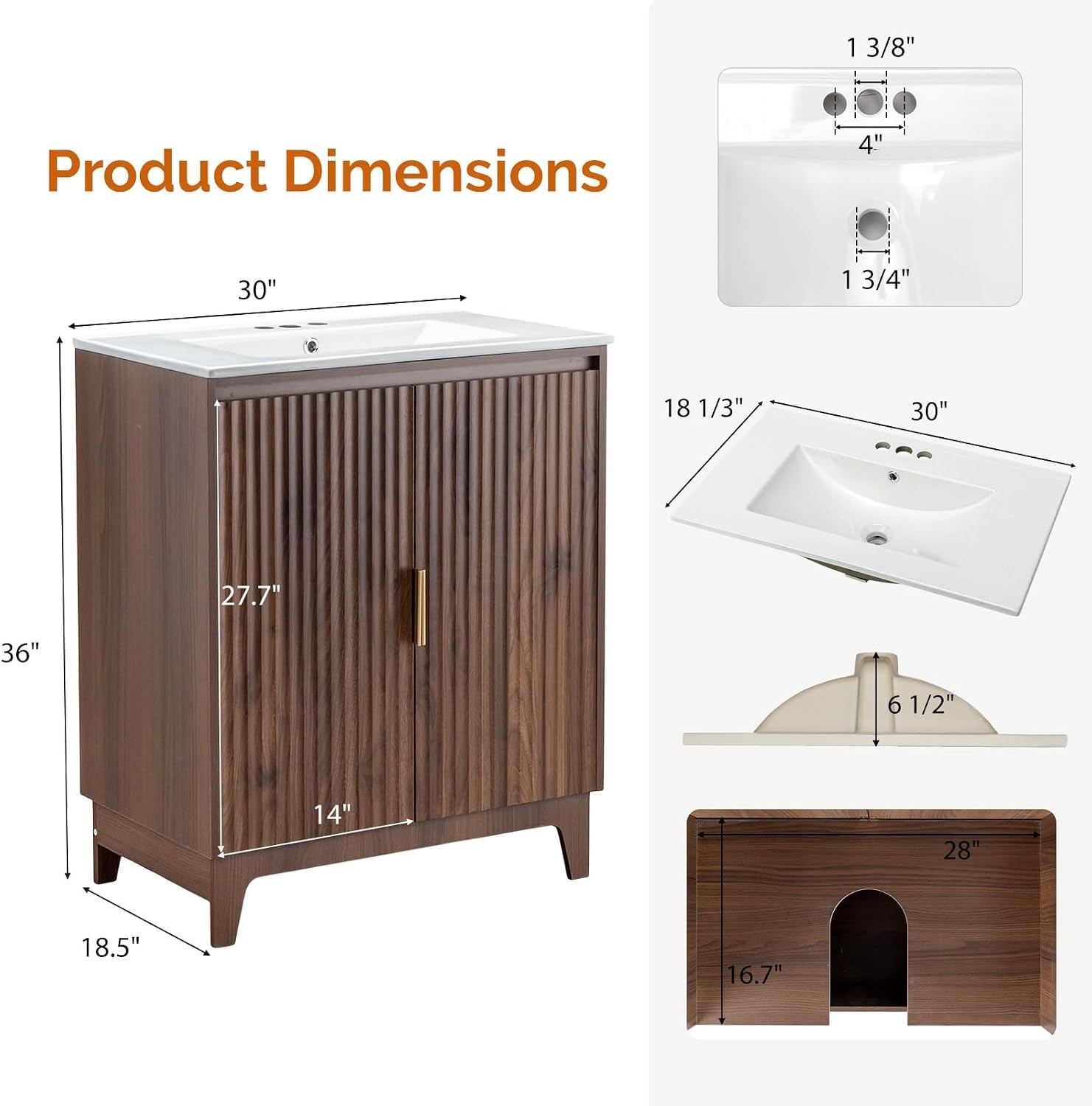 30 Inch Bathroom Vanity with Sink Mid-Century Modern Vanity with Ceramic Basin