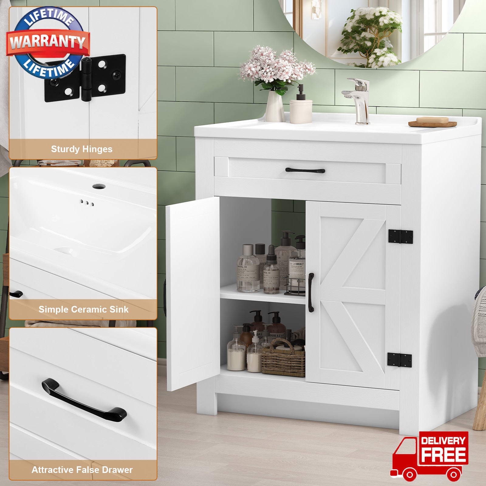 31″ Modern Bathroom Vanity w/Ceramic Sink,Storage Cabinet w/Soft Close Doors