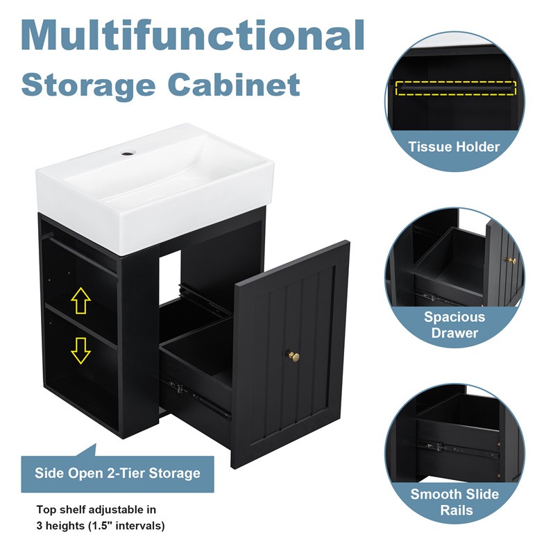 20″ Bathroom Vanity w/Ceramic Sink Black Storage Cabinet with Drawer,Side Shelf