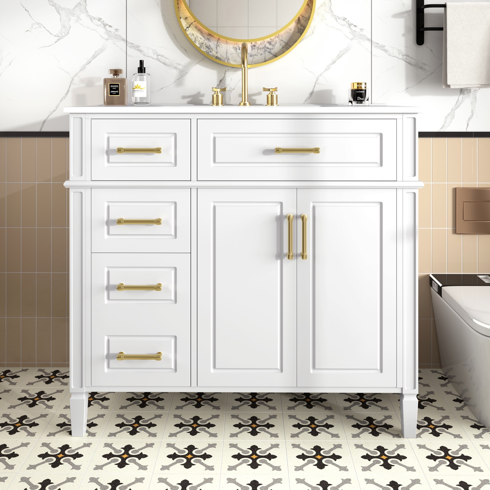 Bathroom Vanity w/Ceramic Sink,Wood Storage Cabinet w/Drawers &Adjustable Shelf