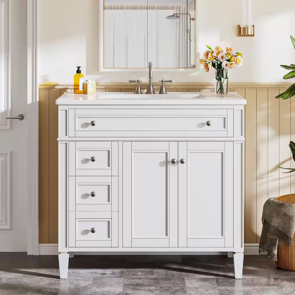 36 In. Single Sink Freestanding White Bath Vanity with White Ceramic Top Unassem