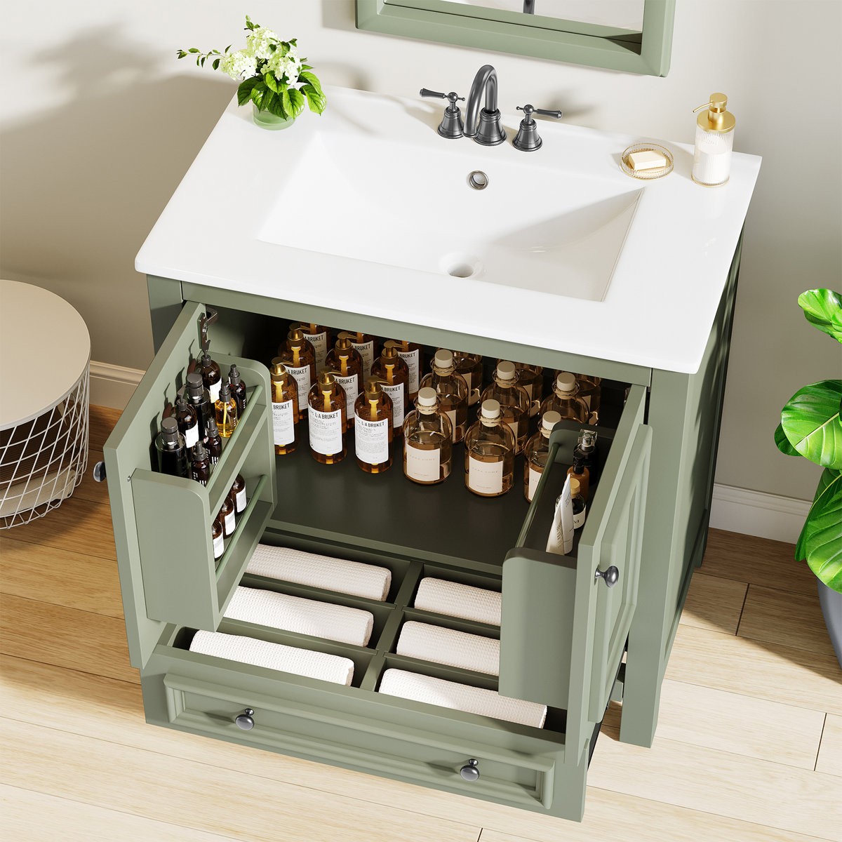 30″Bathroom Vanity Freestanding with Ceramic Sink, Storage Cabinet, Pop Up Drain