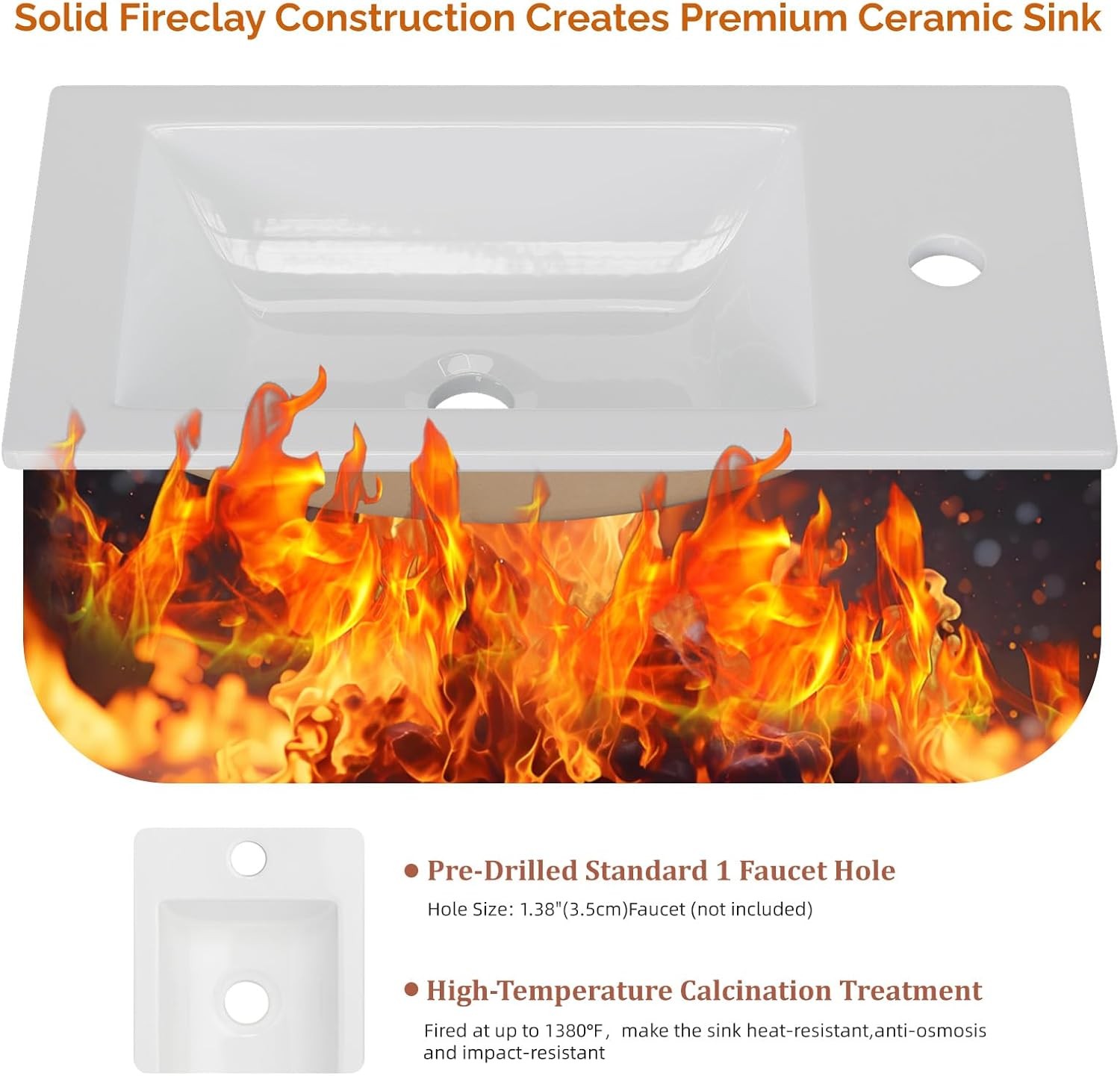 High-Fired Ceramic Vanity Top Sink 18″ – Single Faucet Hole Chip/Stain Resistant