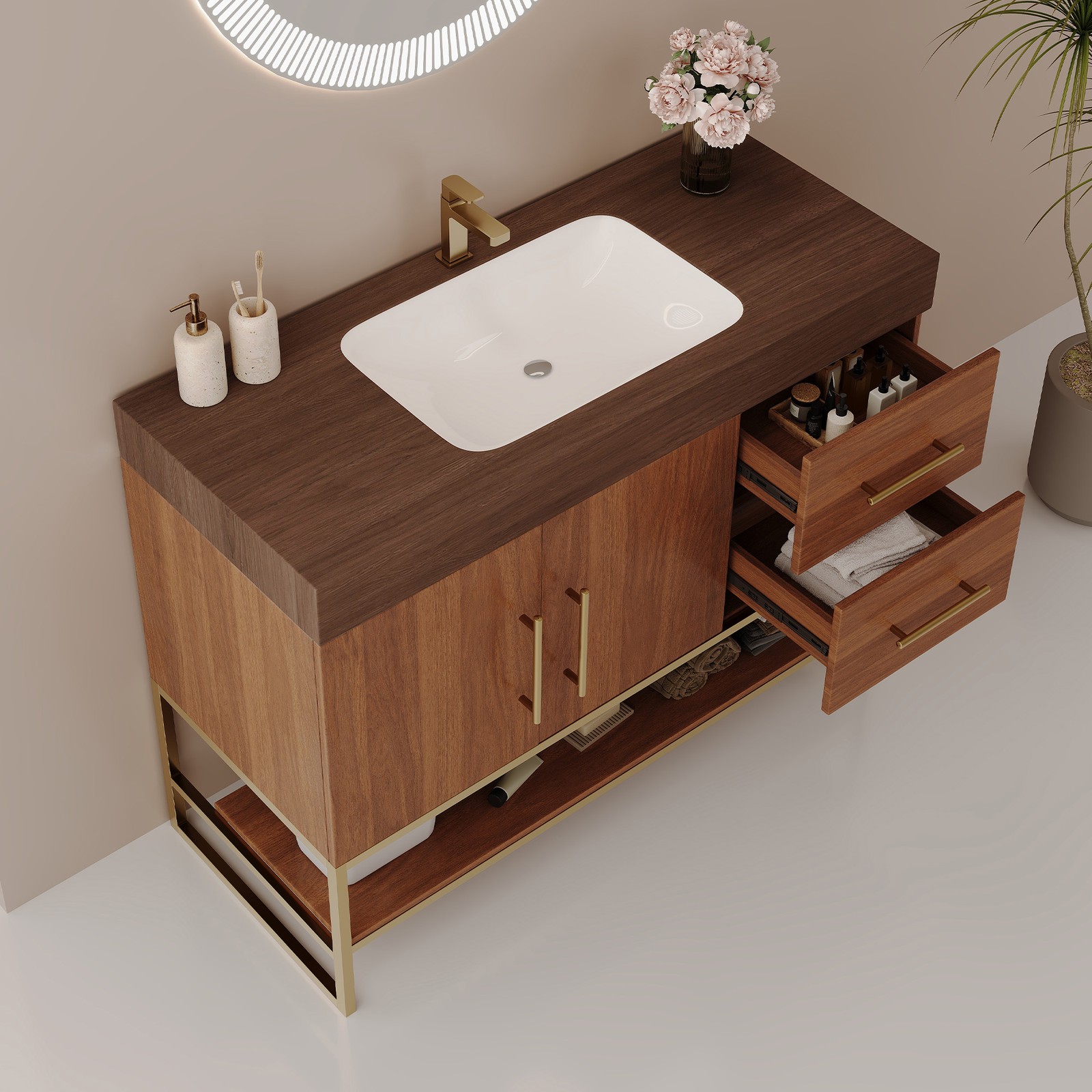 36″ Modern Bathroom Vanity w/Seamless Ceramic Sink & Sintered Stone Top Walnut