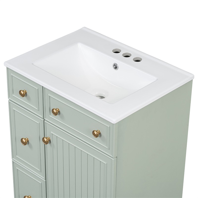 24″ Green Bathroom Vanity Cabinet with Ceramic Sink,2 Drawers,1 Soft-Close Door