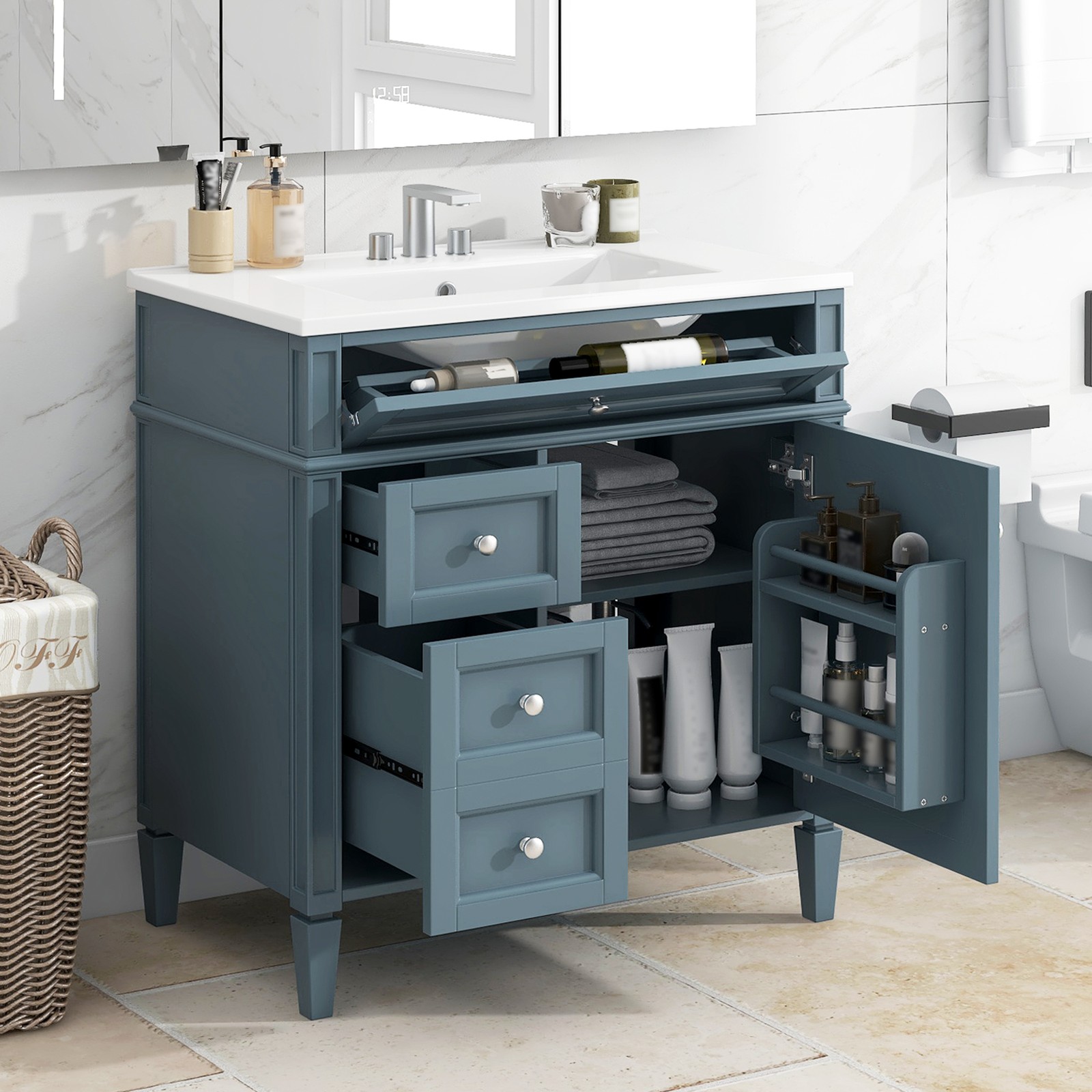30″ Bathroom Vanity with Top Sink, 2 Drawers & Tip-Out Drawer