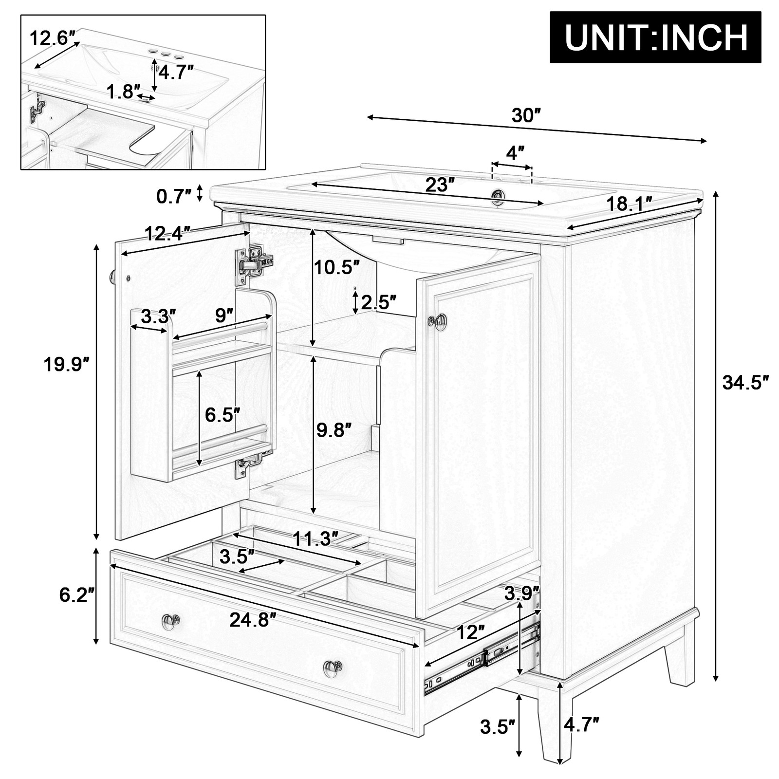30″ Bathroom Vanity with Sink Combo, Green, Solid Wood & MDF Cabinet