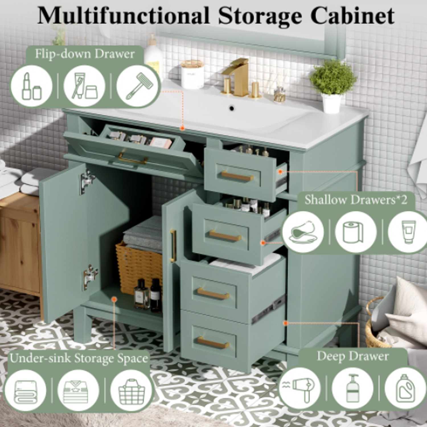 36”W Modern Bathroom Vanity Light Green Vanity For Bathroom With Three Drawers