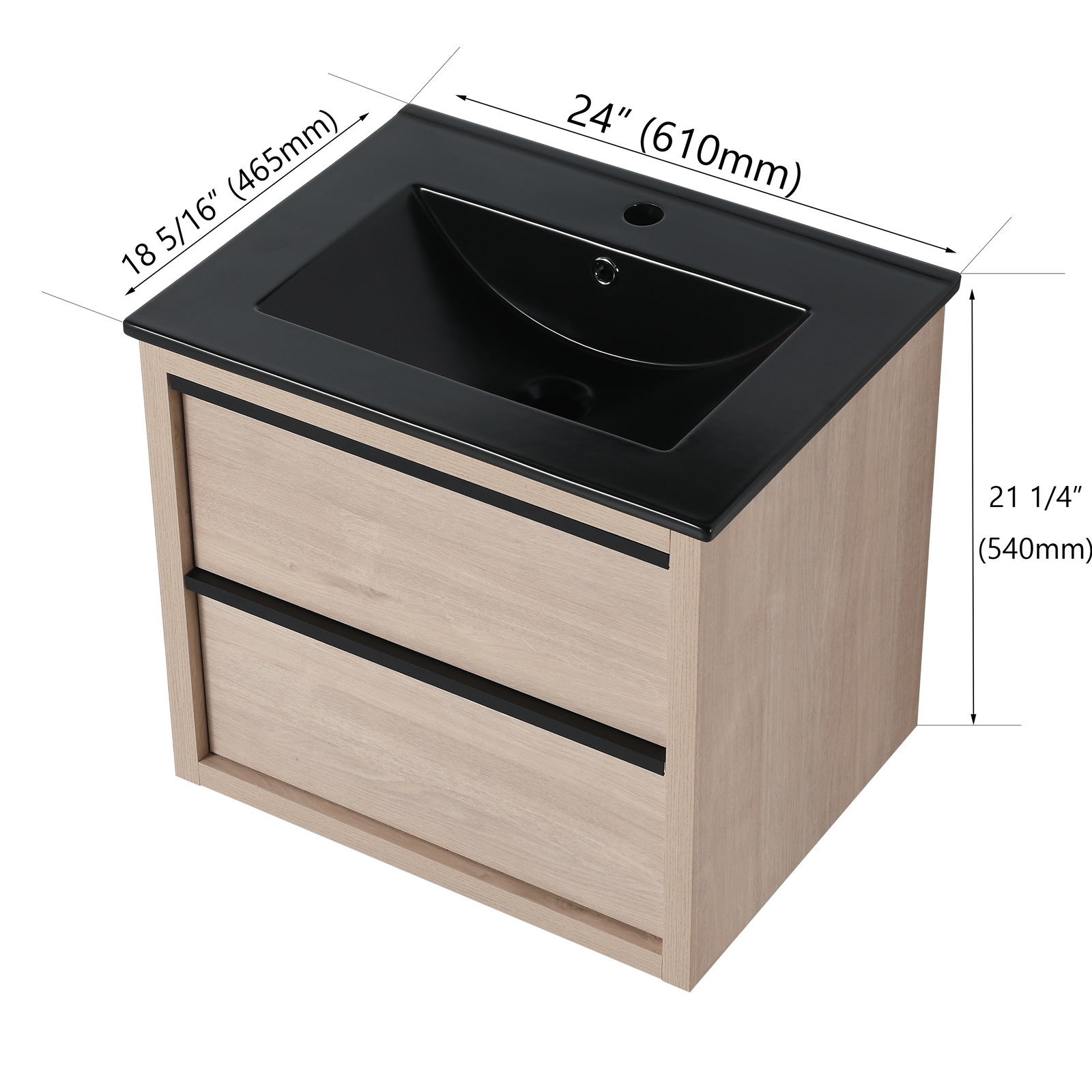 24″Bathroom Vanity Cabinet Wall Mounted Floating W/ Black Ceramic Sink 2 Drawers