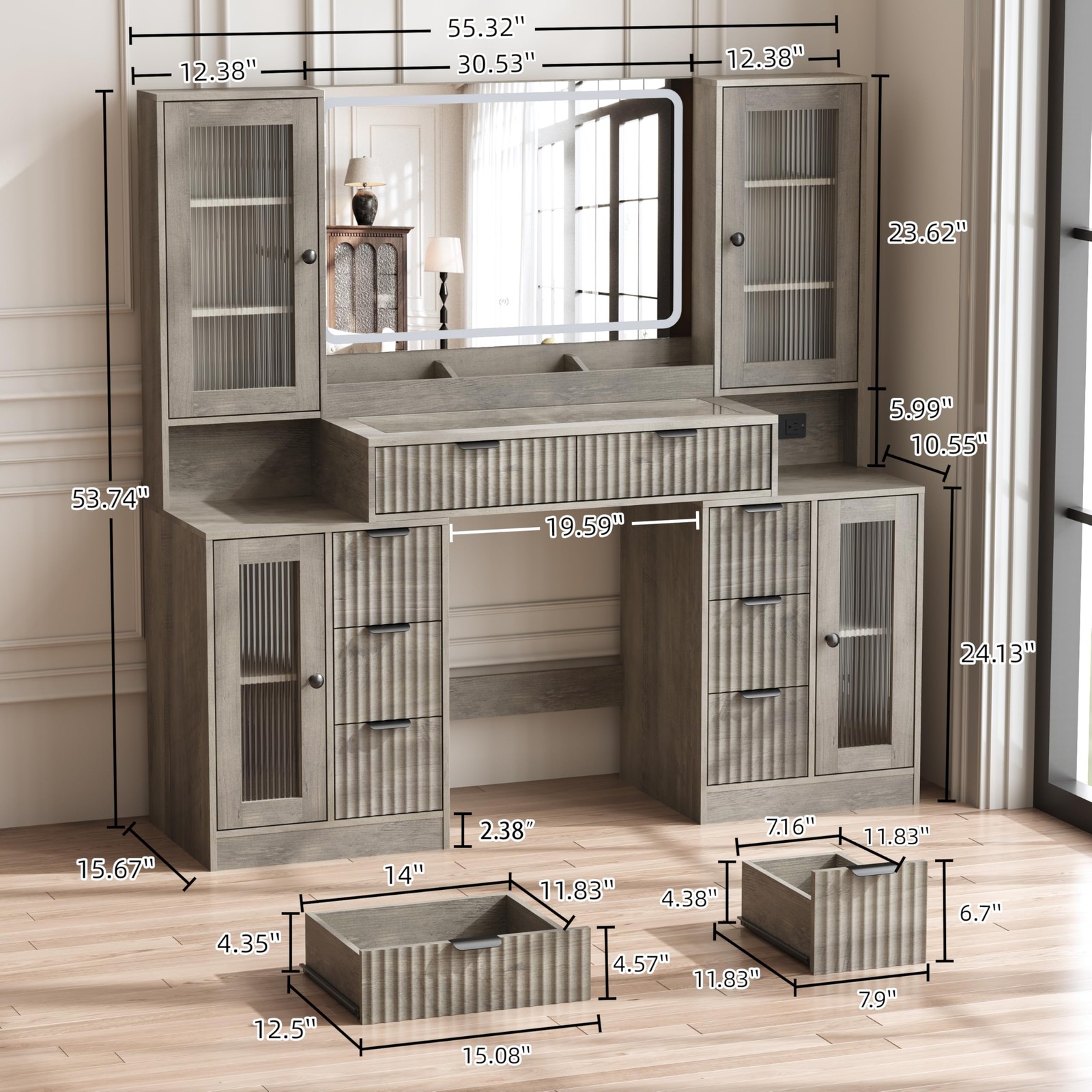 Fluted Vanity Desk with Mirror & Lights