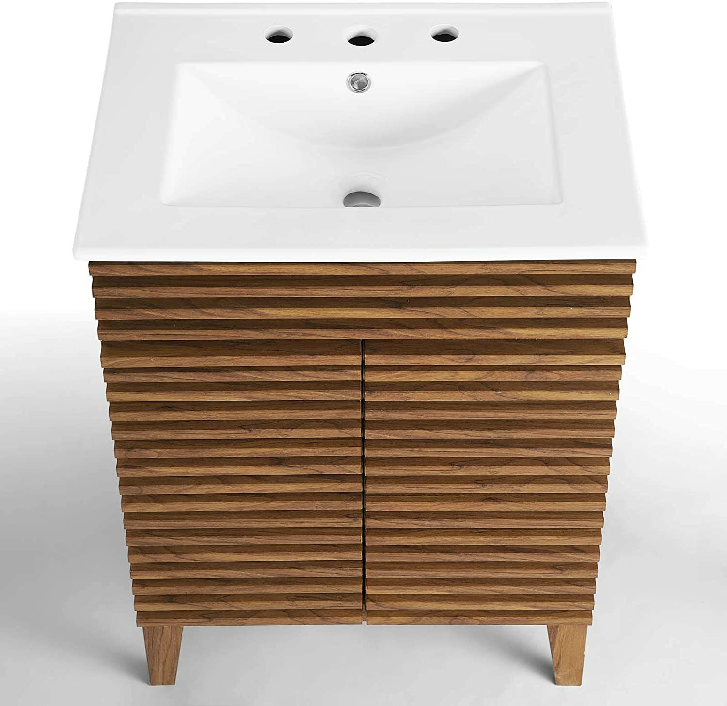 Mid-Century Modern Bathroom Vanity Walnut Grain Laminate Tapered Legs White Sink