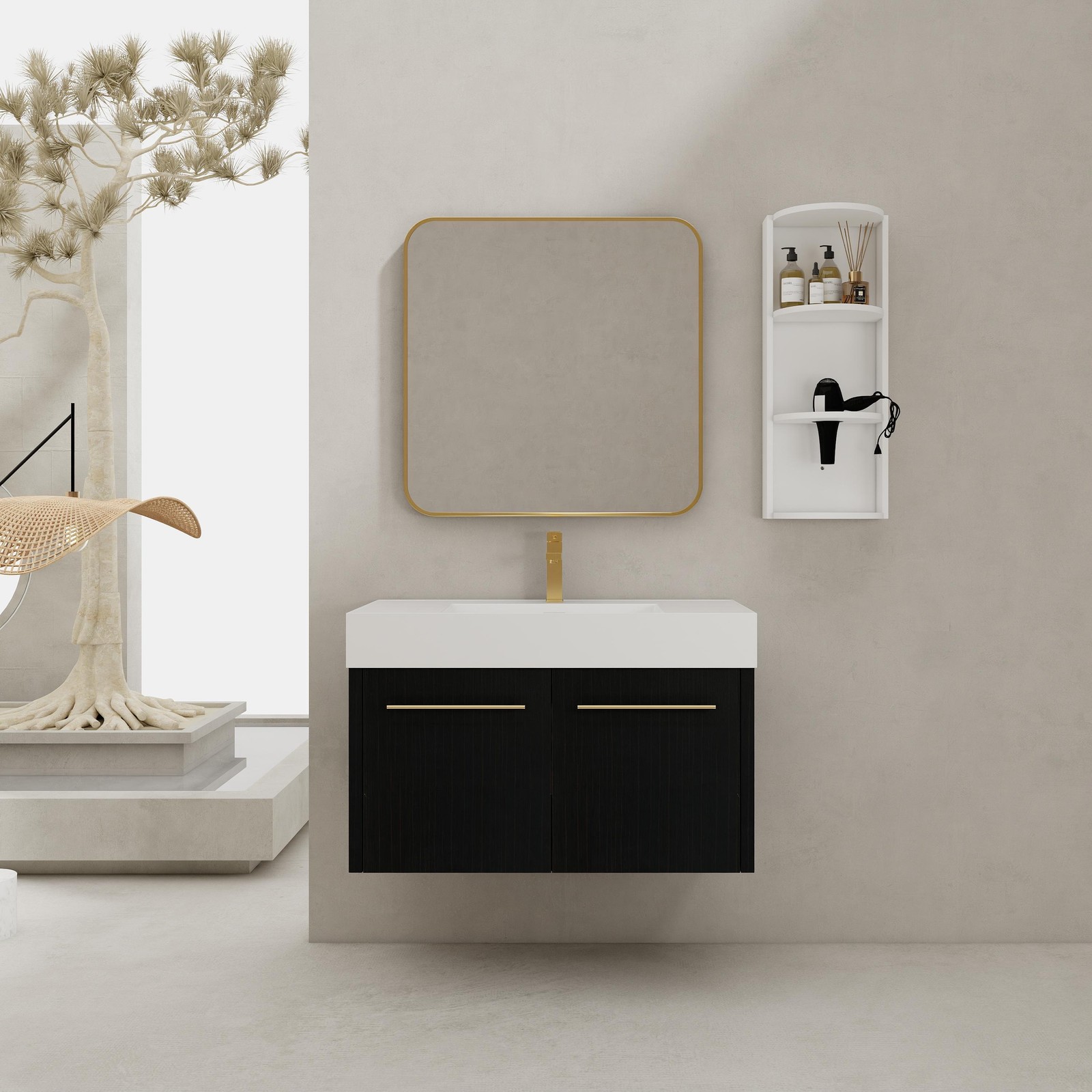 36 Inch Plywood Wall-Mounted Bathroom Vanity with Resin Sink + Side Storage Rack