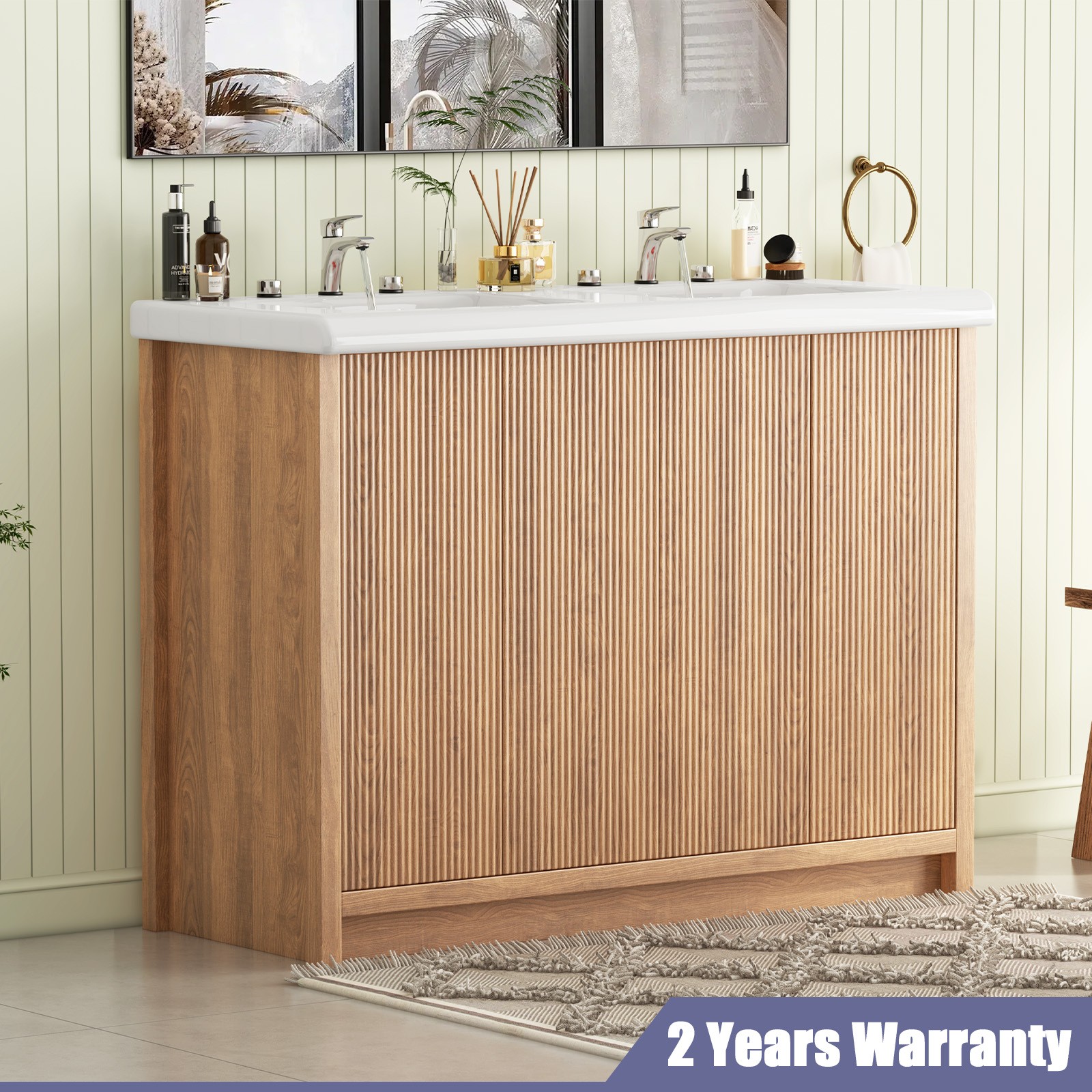 47″ Large Bathroom Vanity Double Ceramic Sink Freestanding Cabinet Storage