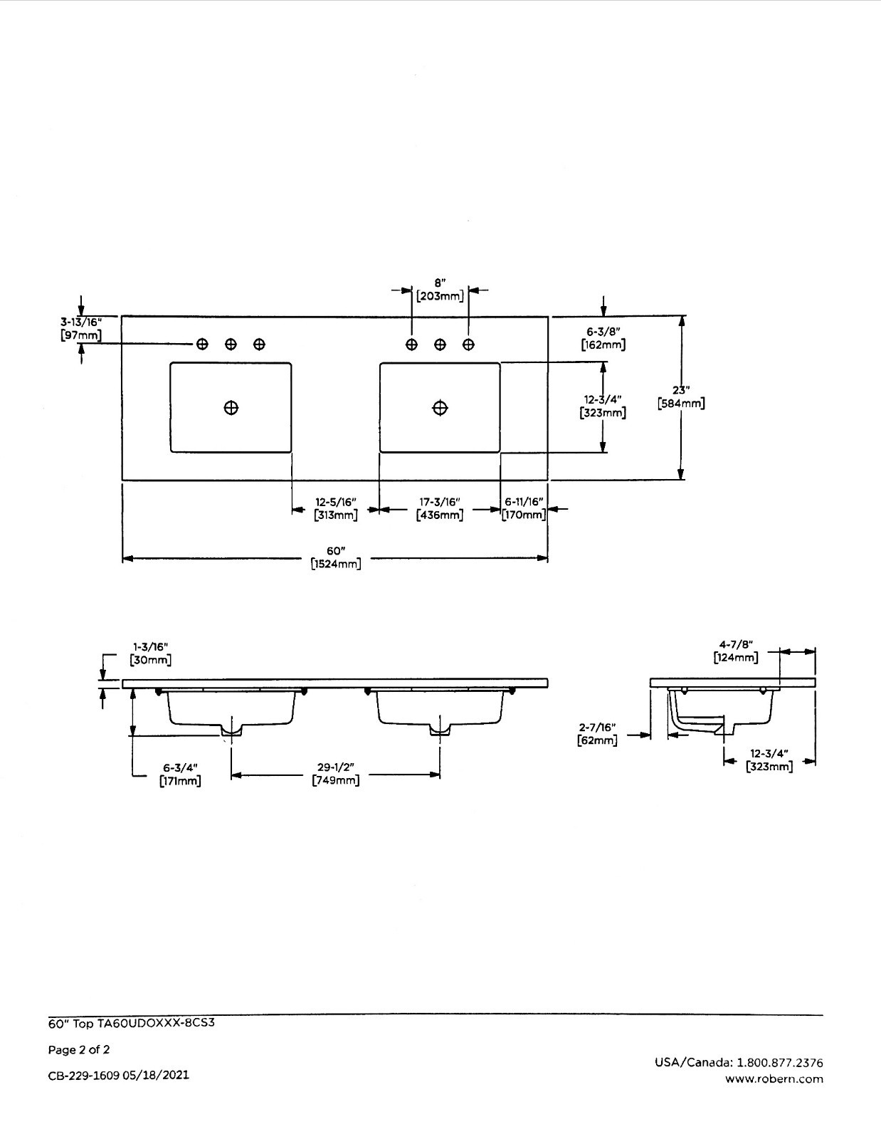Robern TA60UD0100-8CS3 – 60″ Silestone Quartz Stone Vanity Top with 2 U/M Sinks