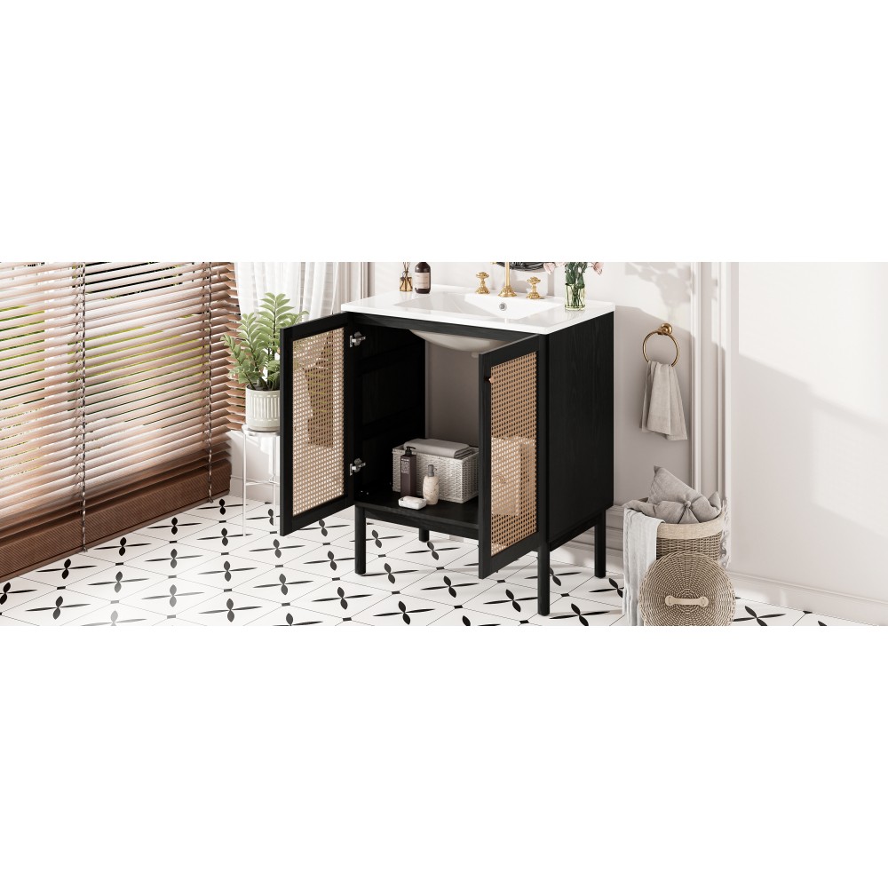 30in Solid Wood Bathroom Vanity Ceramic Sink Soft Close 2 Doors Storage Cabinet
