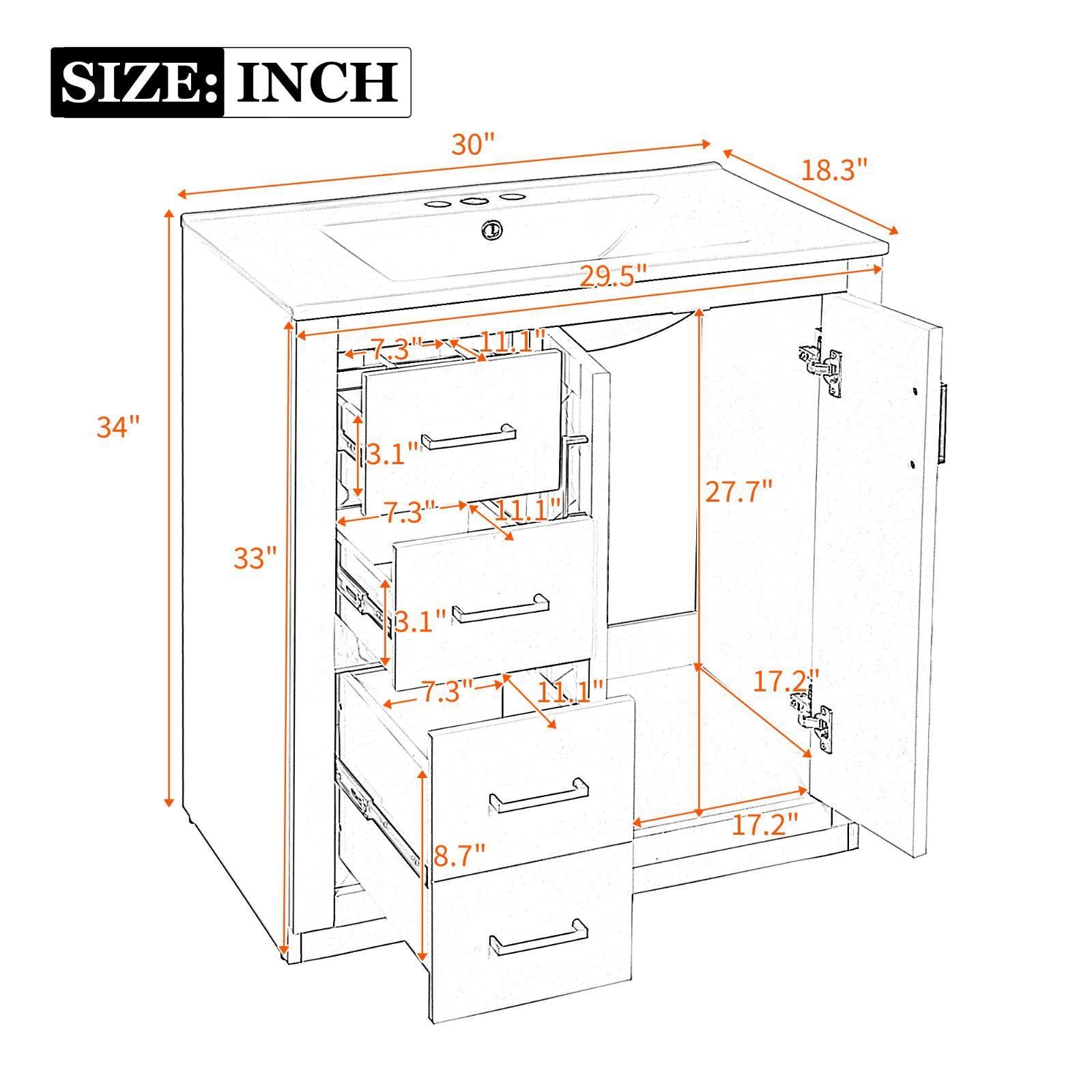 30” Bathroom Vanity Set with Ceramic Sink Combo, Solid Wood & MDF Storage