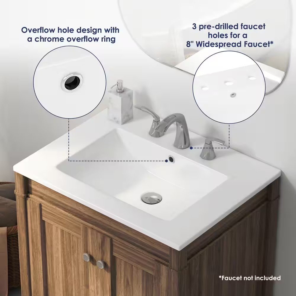 Tucson 24 In. W X 18 In. D Vitreous China Vanity Top in White with 3-Faucet Hole