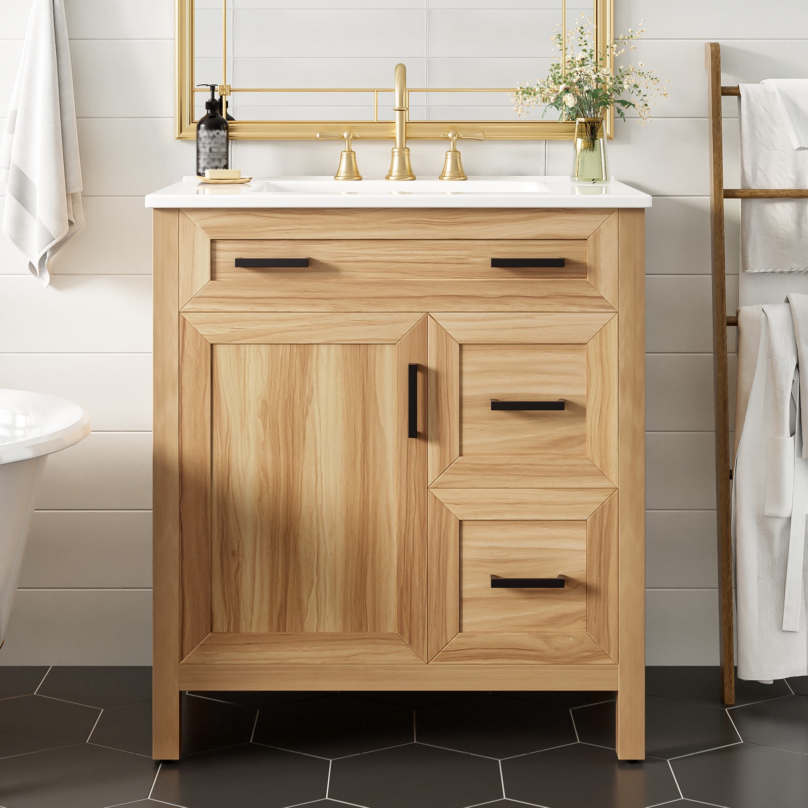 30″ Bathroom Vanity Solid Wood Frame W/Soft Close Door 2 Drawers Storage Cabinet
