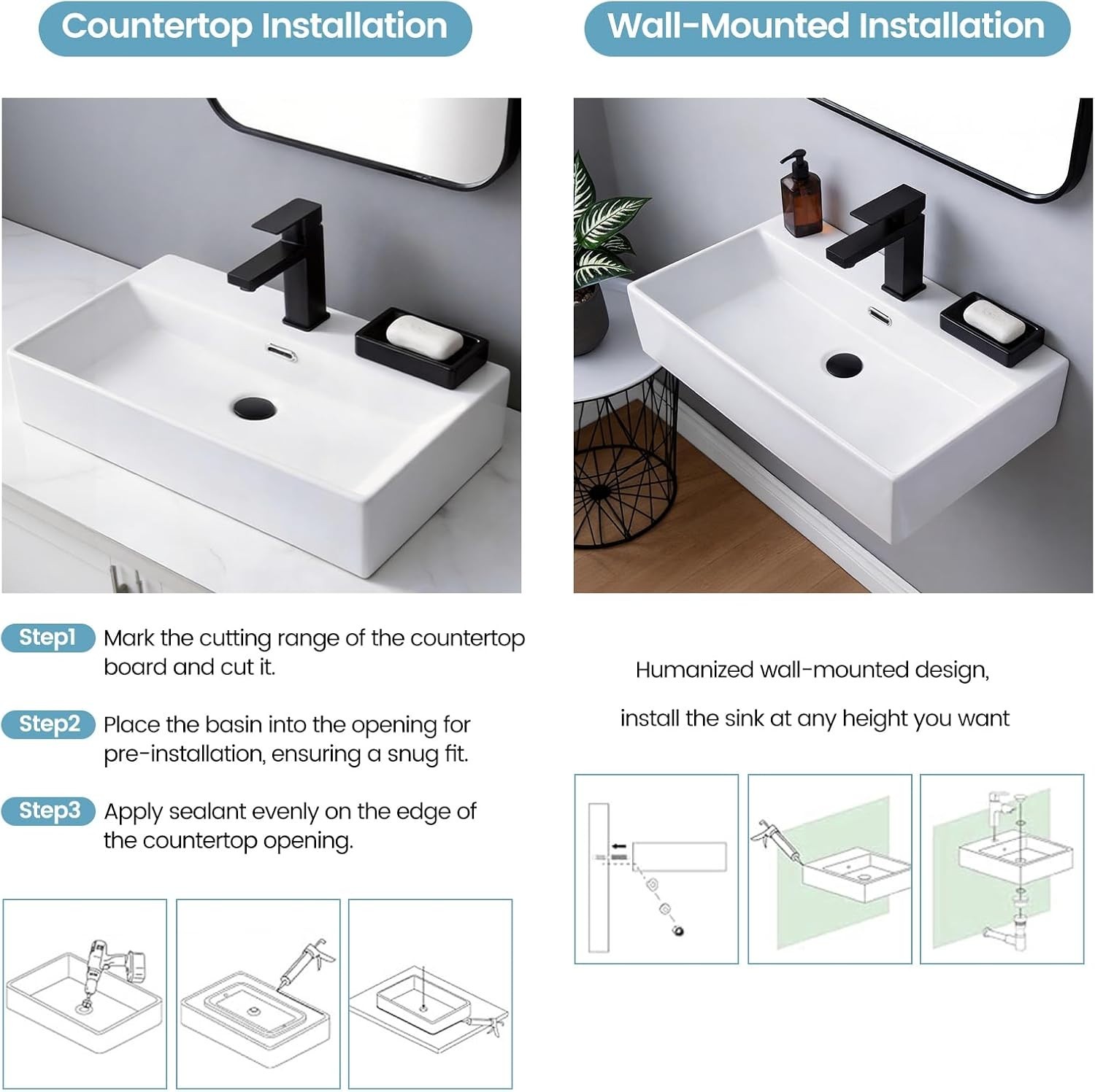 24″ Wall Mount Sink with Towel Rack – Small Ceramic Floating Bathroom Basin