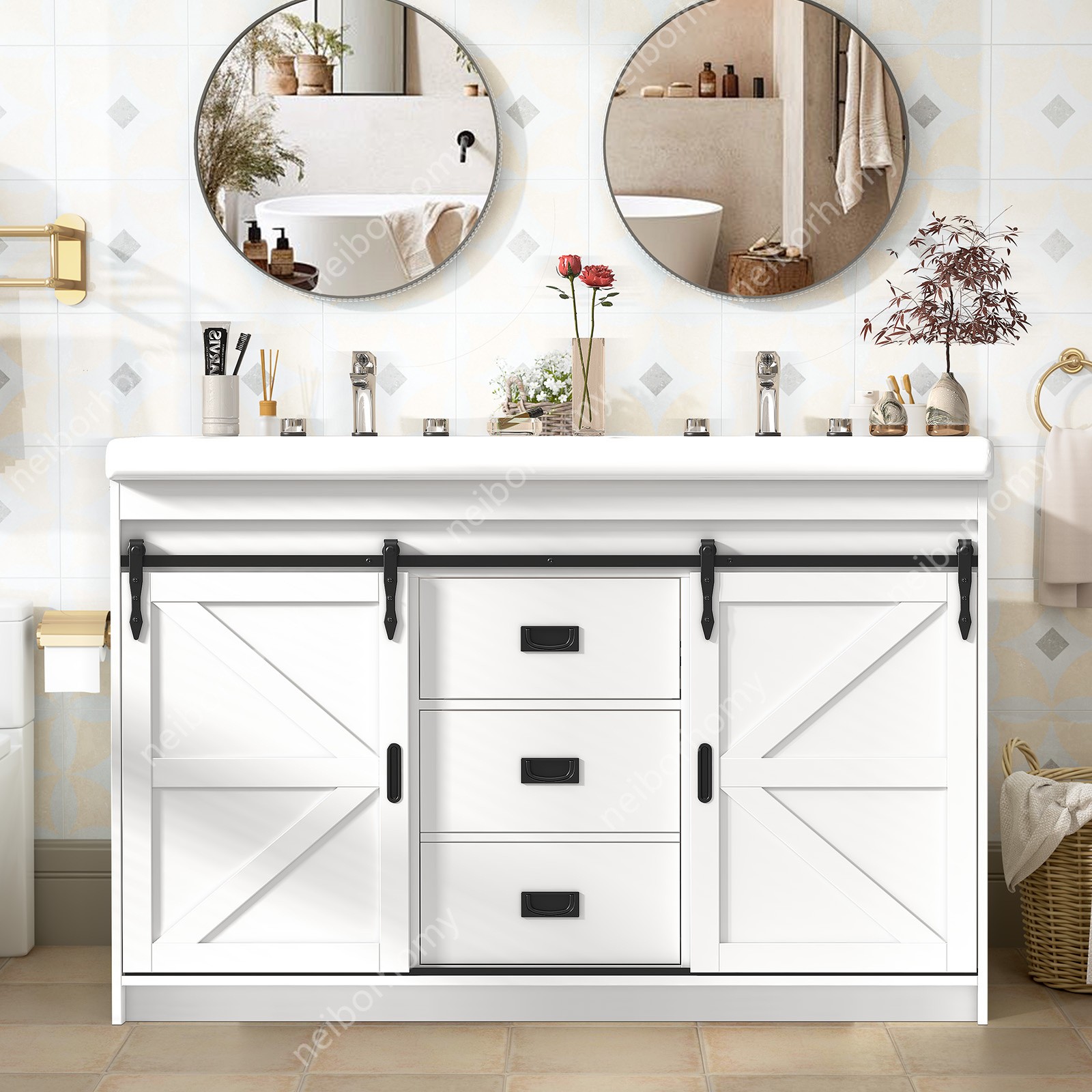Double Sink Bathroom Vanity Cabinet Complete Set Ceramic Basin Bathroom Unit