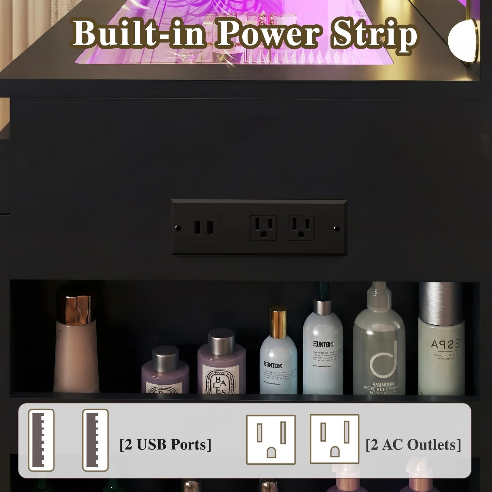 Vanity Desk Lighted Mirror Transparent Drawers RGB Power Outlet Storage Bedroom