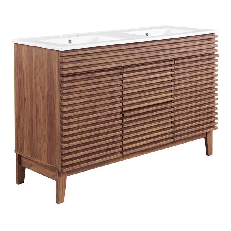 Modway Render 48″ Modern Wood Double Sink Bathroom Vanity in Walnut/White