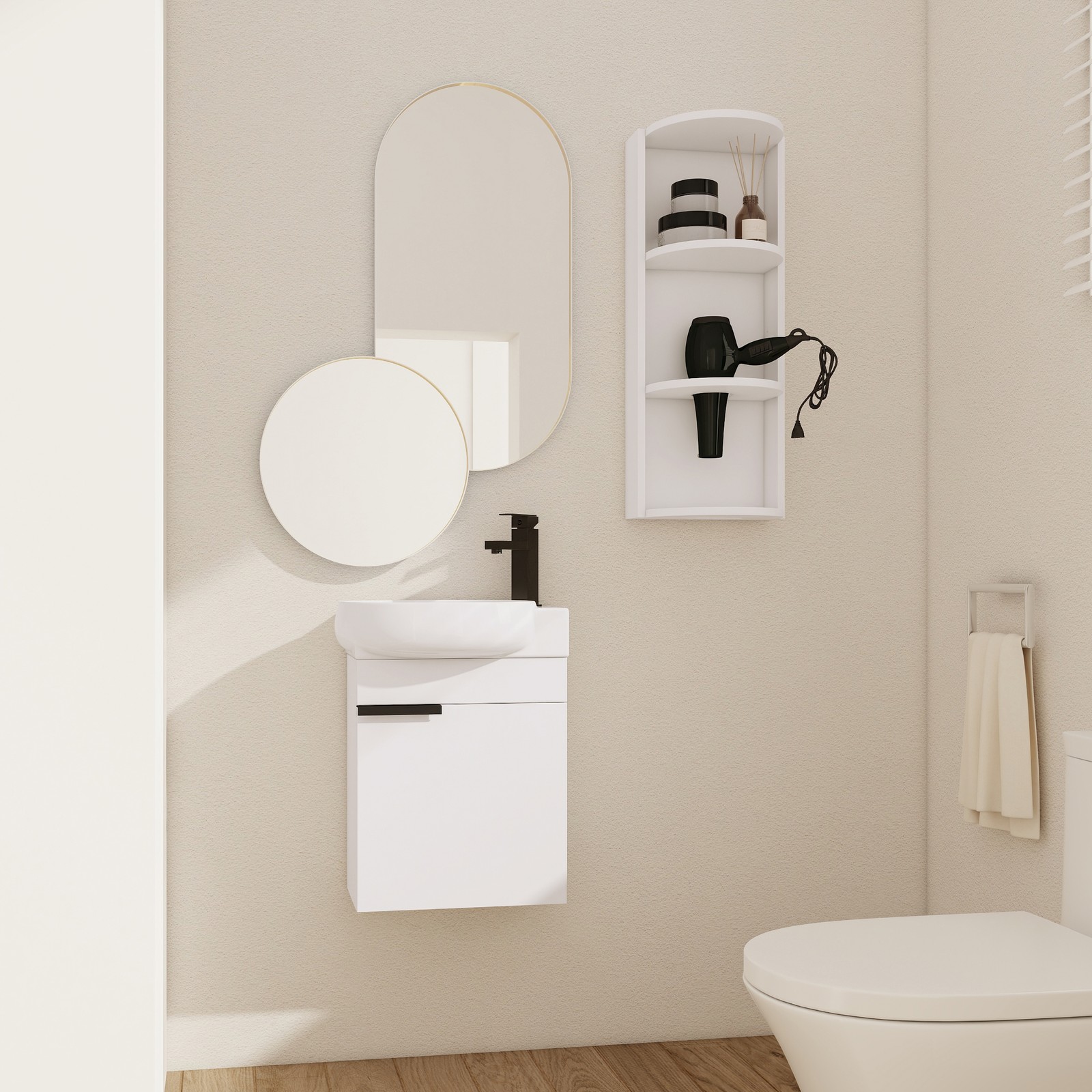 16″ Plywood Freestanding Bathroom Vanity Ceramic Sink Basin +Storage Rack White