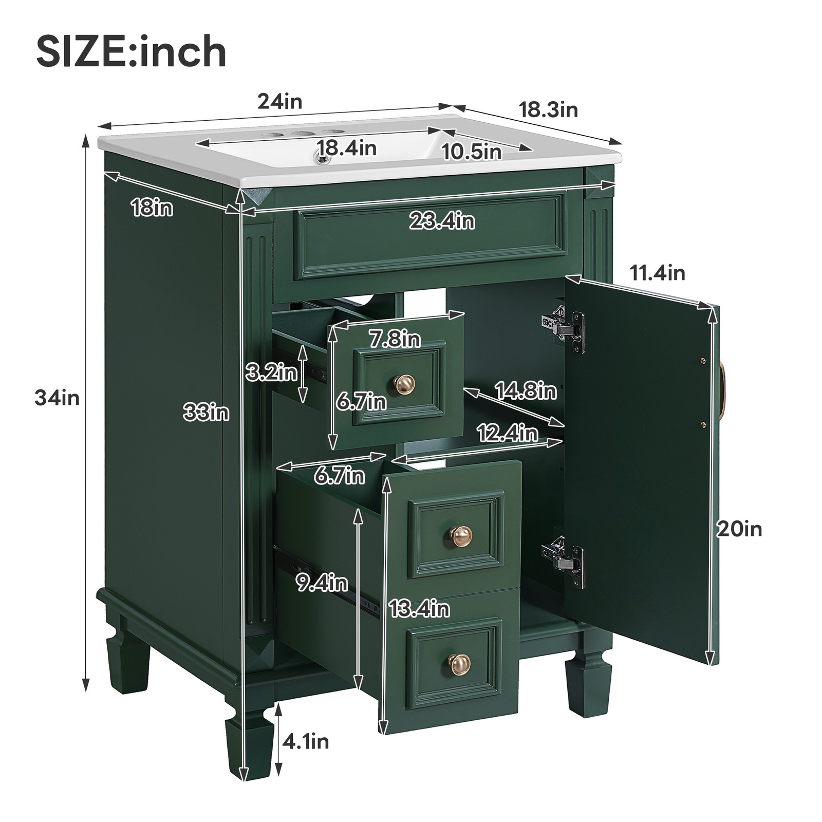 24″ Bathroom Vanity with Ceramic Sink, 2 Drawers, Adjustable Shelf