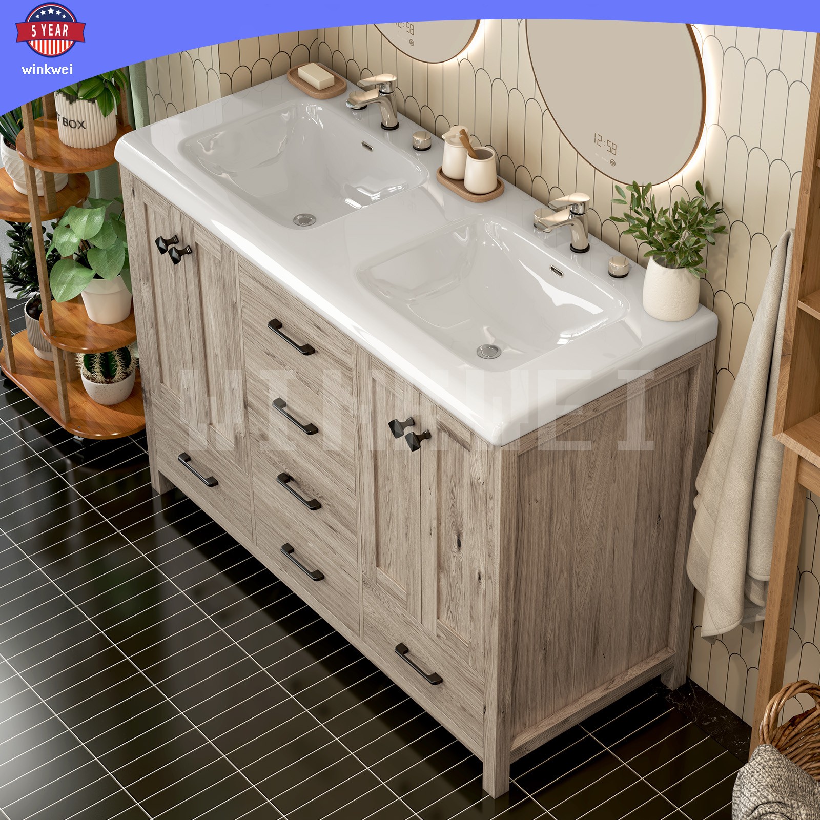 47.3″ Grey Bathroom Vanity Vanity Top Double Sink Ceramic 5 Drawer Freestanding