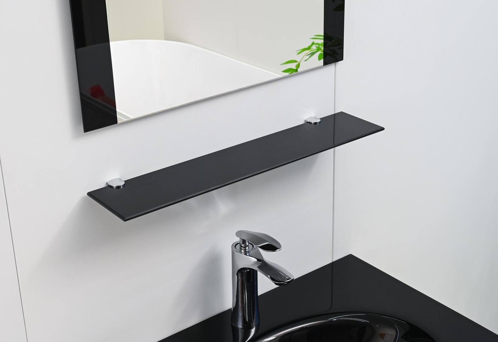 24″Black Tempered Glass Sink Top Floating Bathroom Vanity Mirror Shelves set